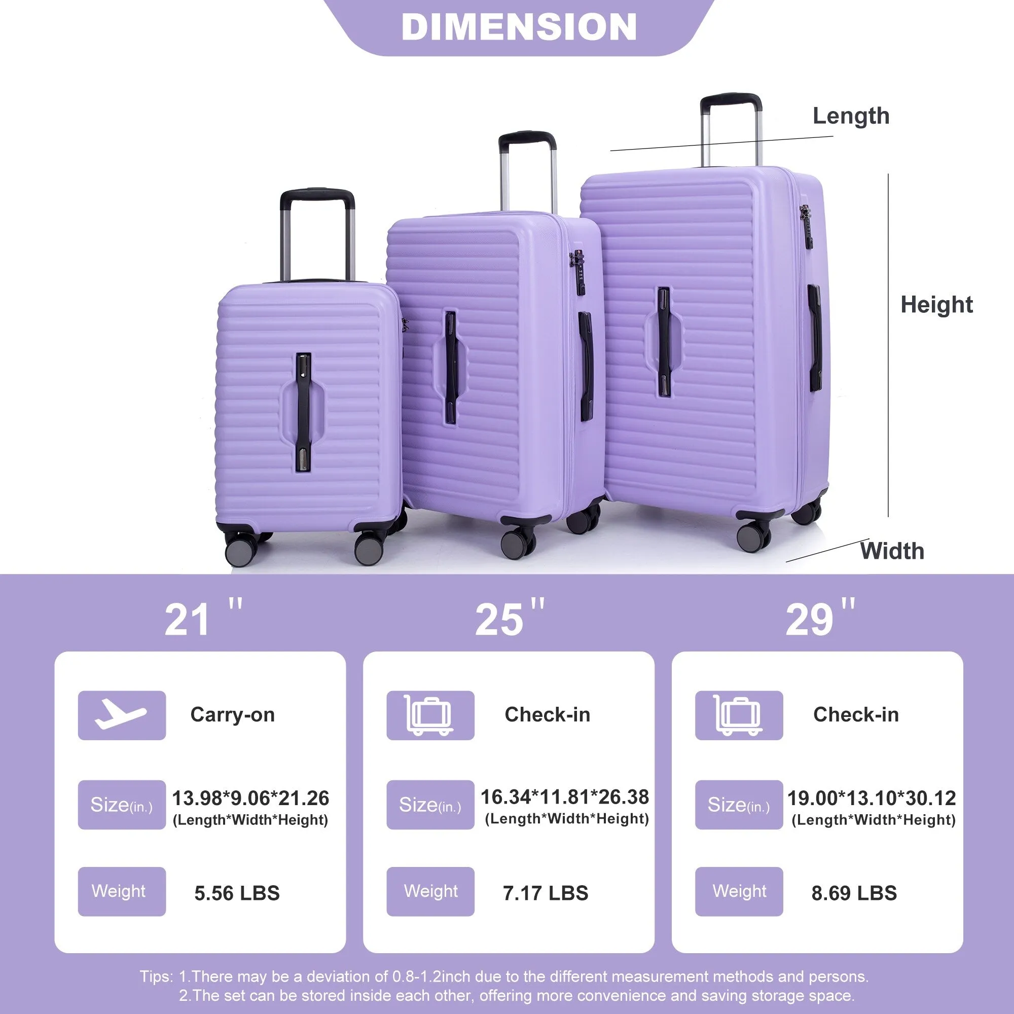 3 Piece Set Lightweight Suitcase for Long Travel, Hardside Carry On Luggage w/ 2 Hooks and 360° Double spinner wheels