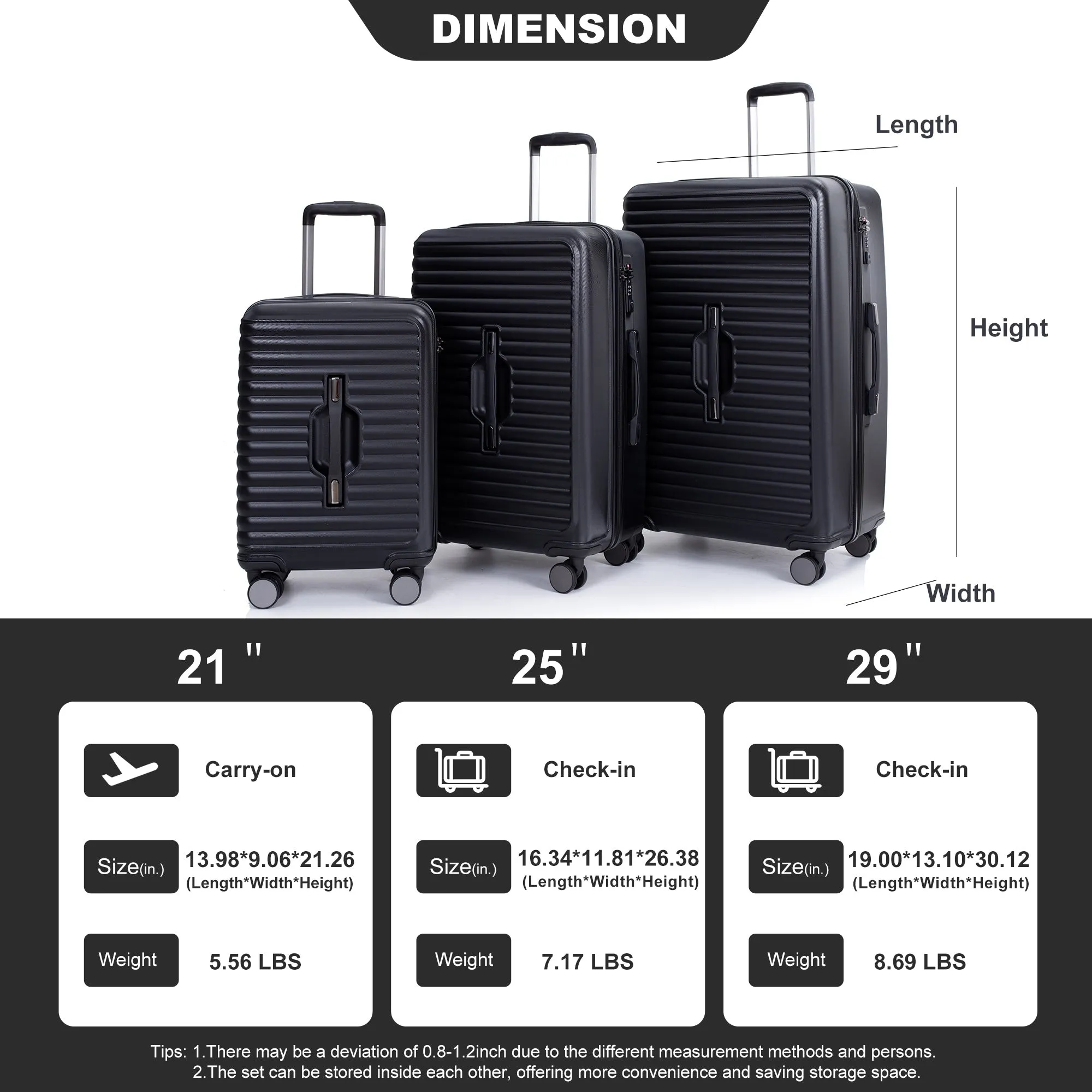 3 Piece Set Lightweight Suitcase for Long Travel, Hardside Carry On Luggage w/ 2 Hooks and 360° Double spinner wheels