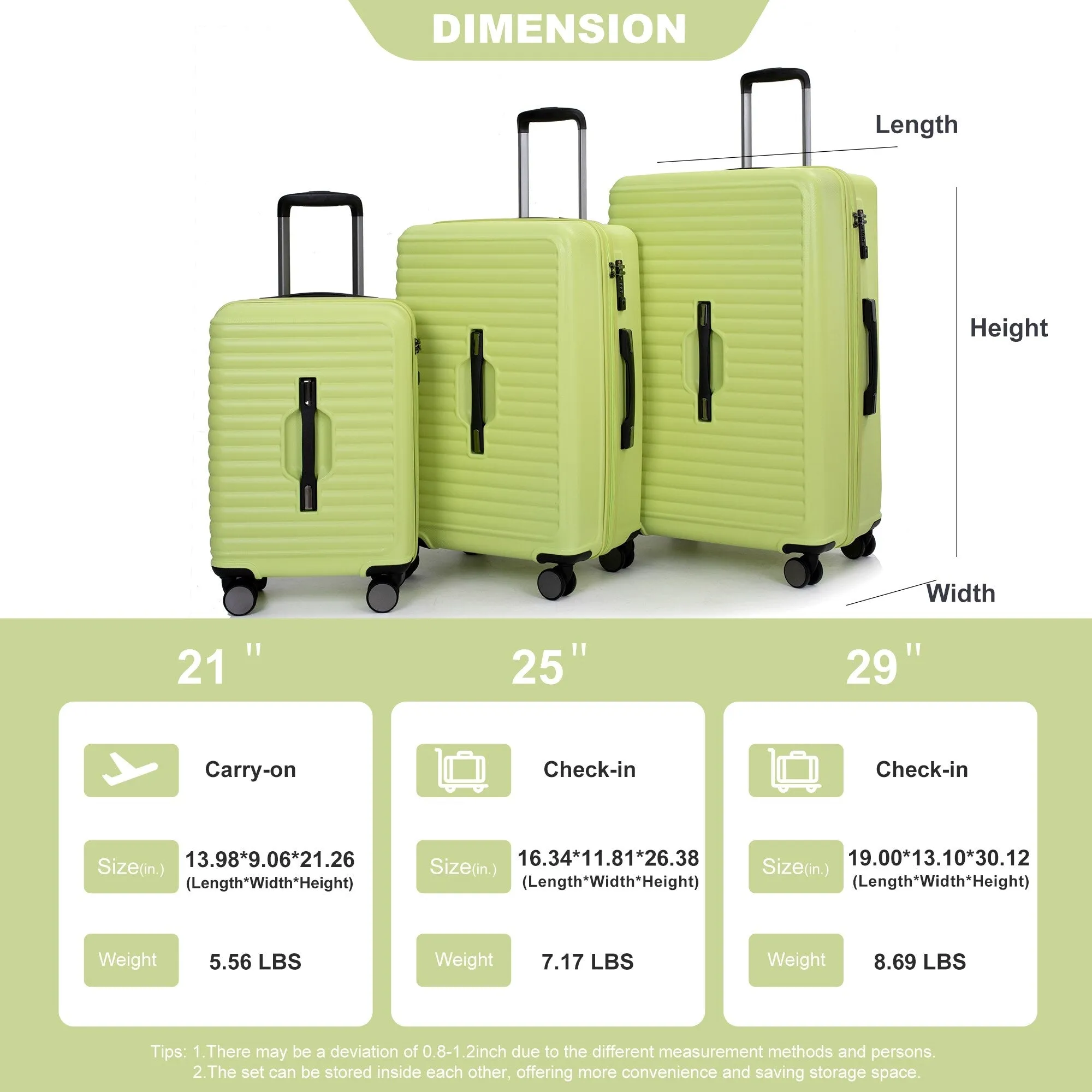 3 Piece Set Lightweight Suitcase for Long Travel, Hardside Carry On Luggage w/ 2 Hooks and 360° Double spinner wheels