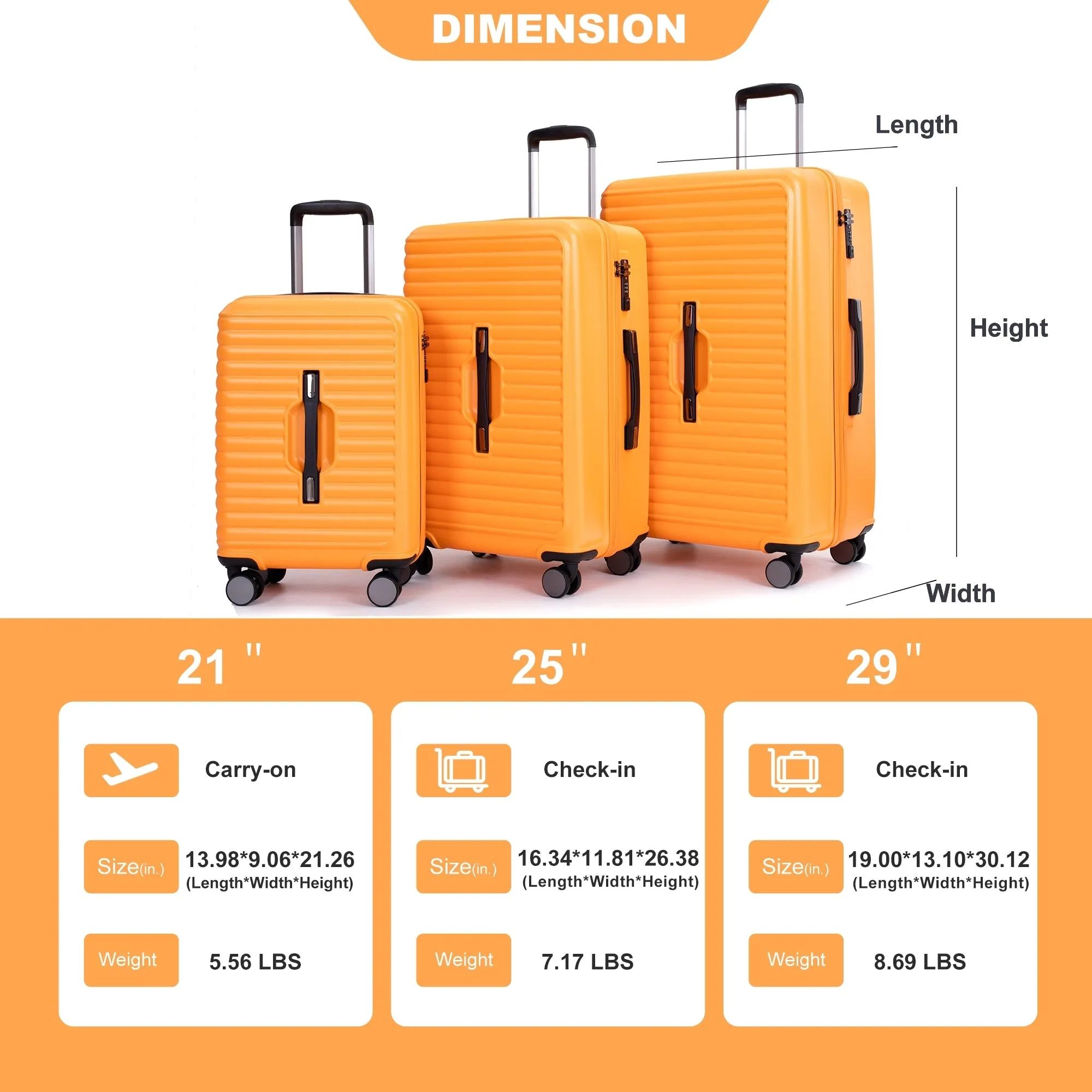 3 Piece Set Lightweight Suitcase for Long Travel, Hardside Carry On Luggage w/ 2 Hooks and 360° Double spinner wheels