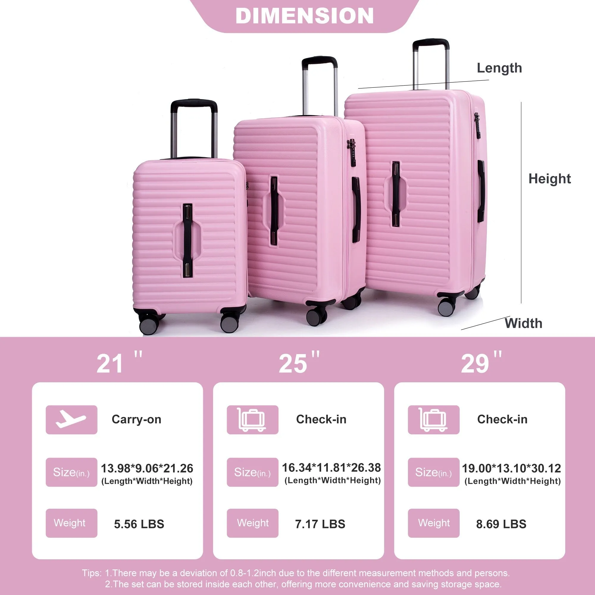 3 Piece Set Lightweight Suitcase for Long Travel, Hardside Carry On Luggage w/ 2 Hooks and 360° Double spinner wheels