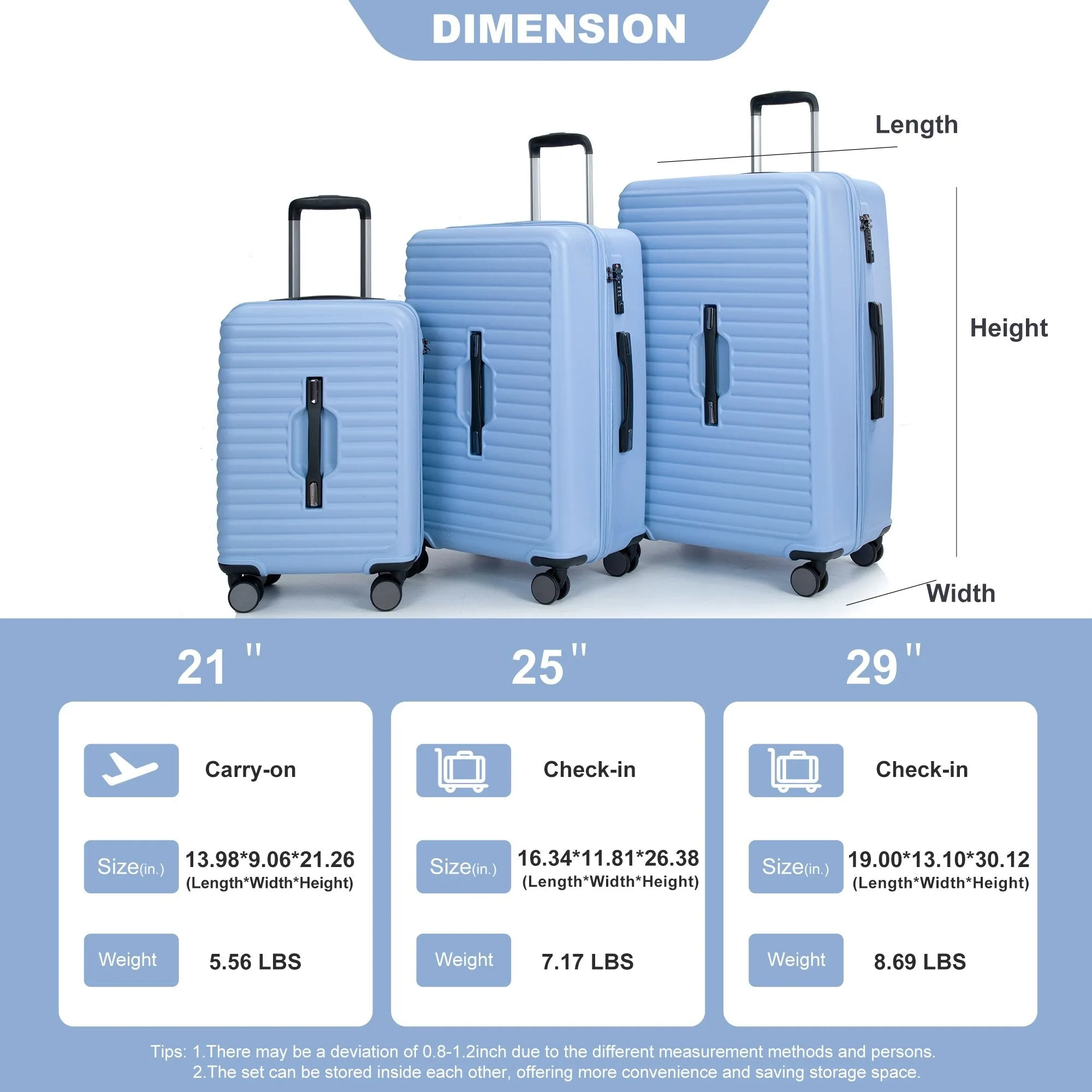 3 Piece Set Lightweight Suitcase for Long Travel, Hardside Carry On Luggage w/ 2 Hooks and 360° Double spinner wheels