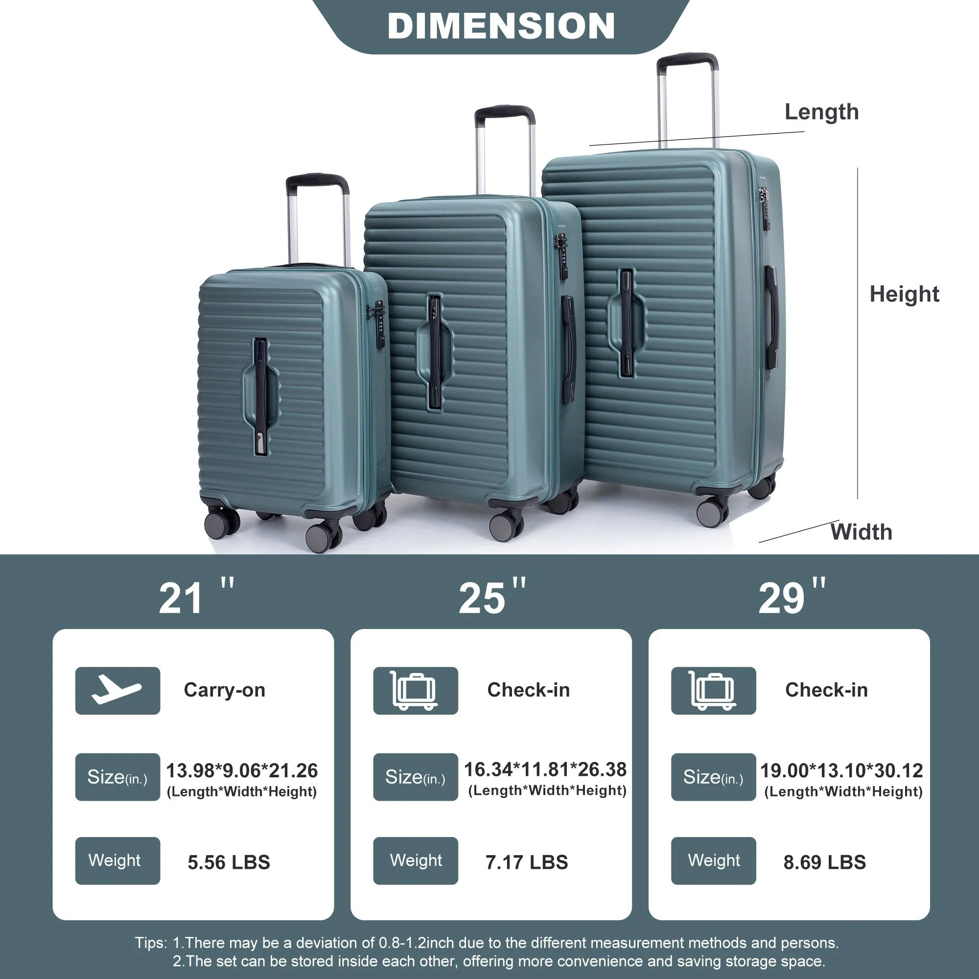 3 Piece Set Lightweight Suitcase for Long Travel, Hardside Carry On Luggage w/ 2 Hooks and 360° Double spinner wheels