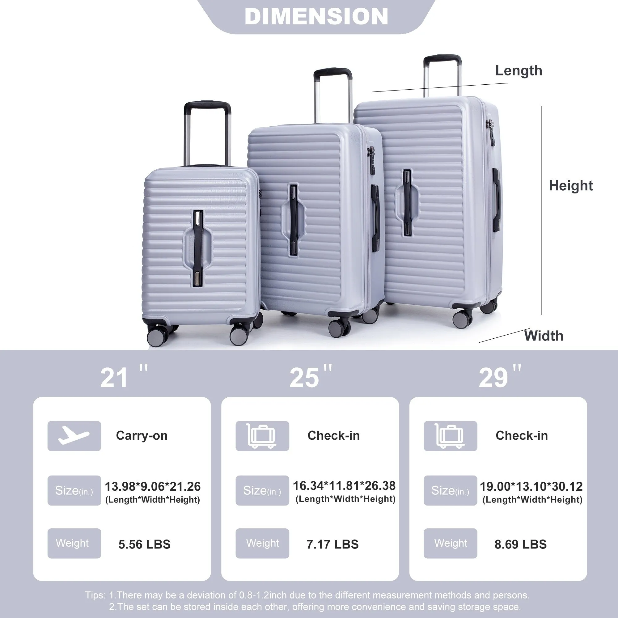 3 Piece Set Lightweight Suitcase for Long Travel, Hardside Carry On Luggage w/ 2 Hooks and 360° Double spinner wheels