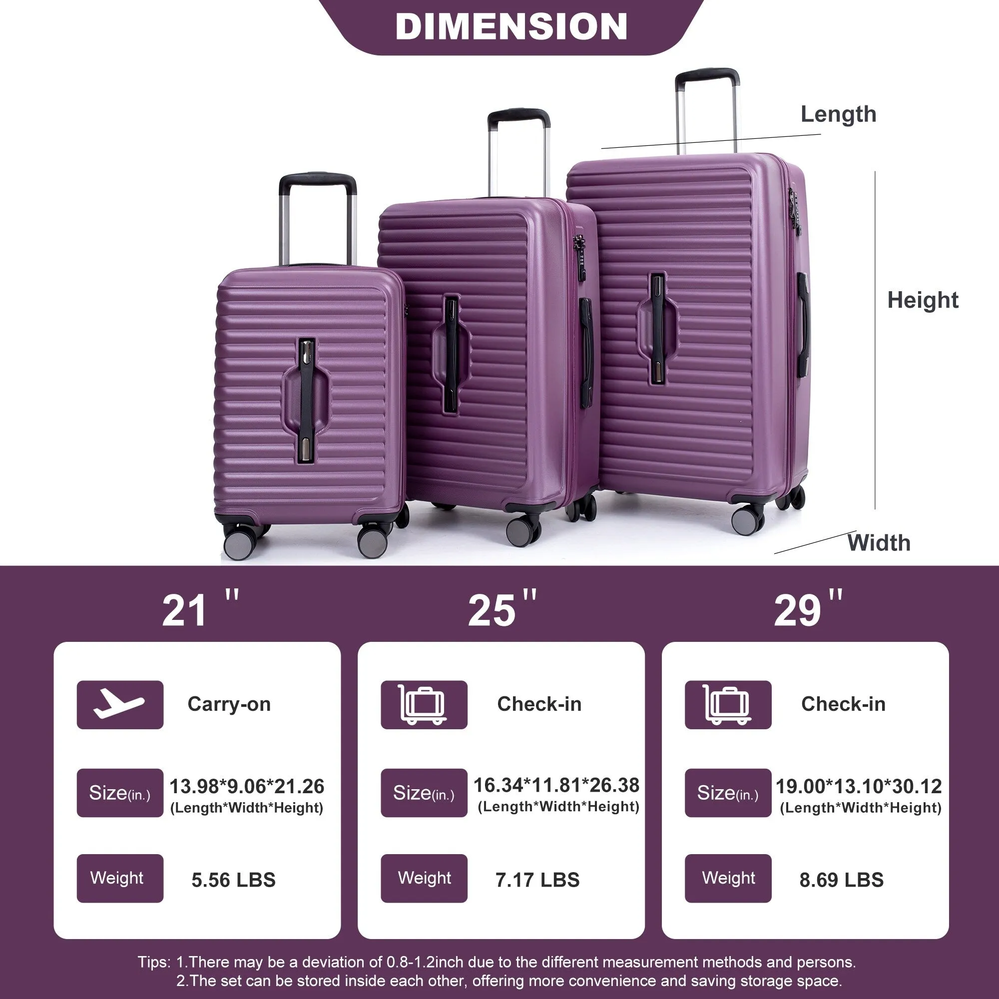 3 Piece Set Lightweight Suitcase for Long Travel, Hardside Carry On Luggage w/ 2 Hooks and 360° Double spinner wheels