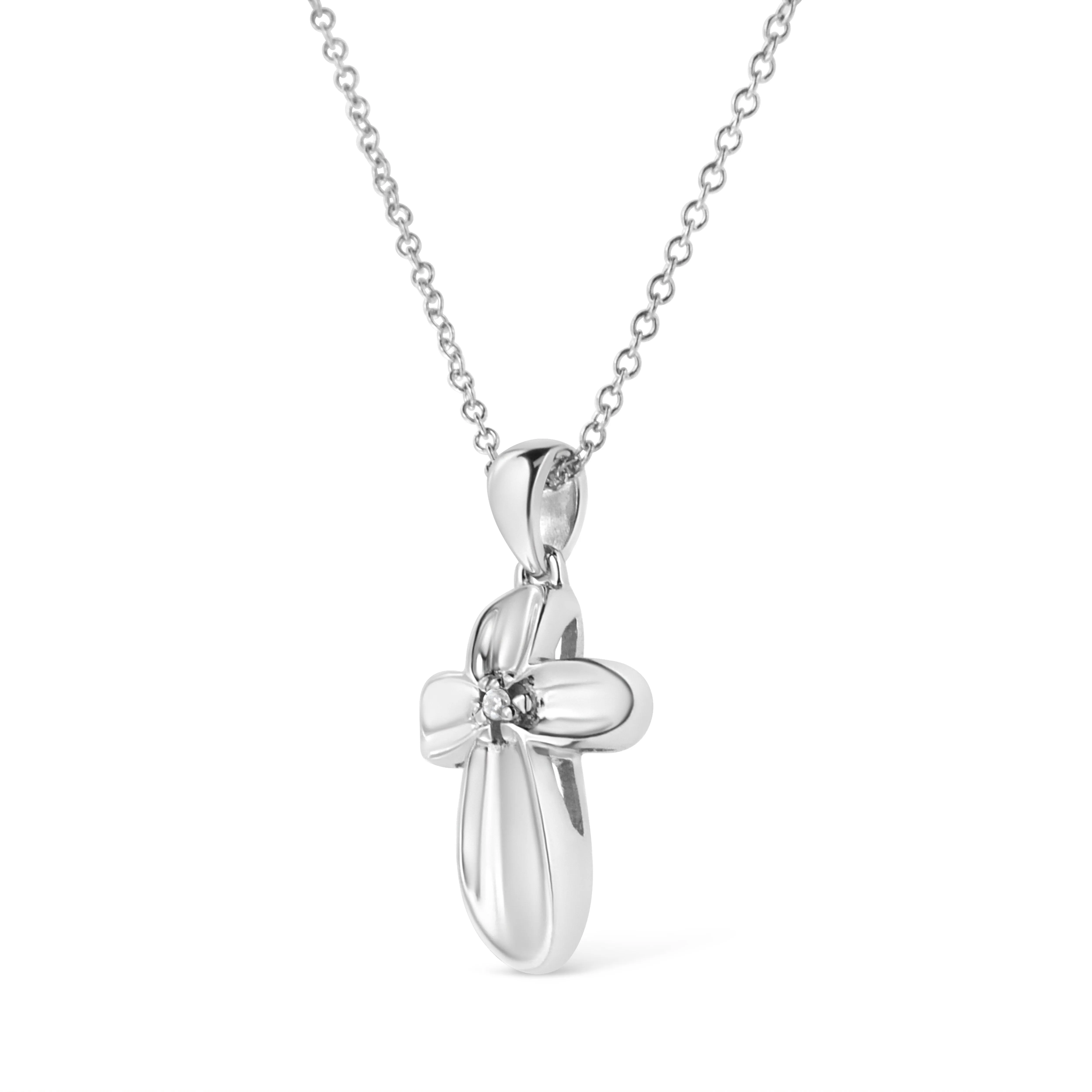 .925 Sterling Silver Prong-Set Diamond Accent Floral Cross 18 Pendant Necklace