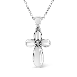 .925 Sterling Silver Prong-Set Diamond Accent Floral Cross 18 Pendant Necklace