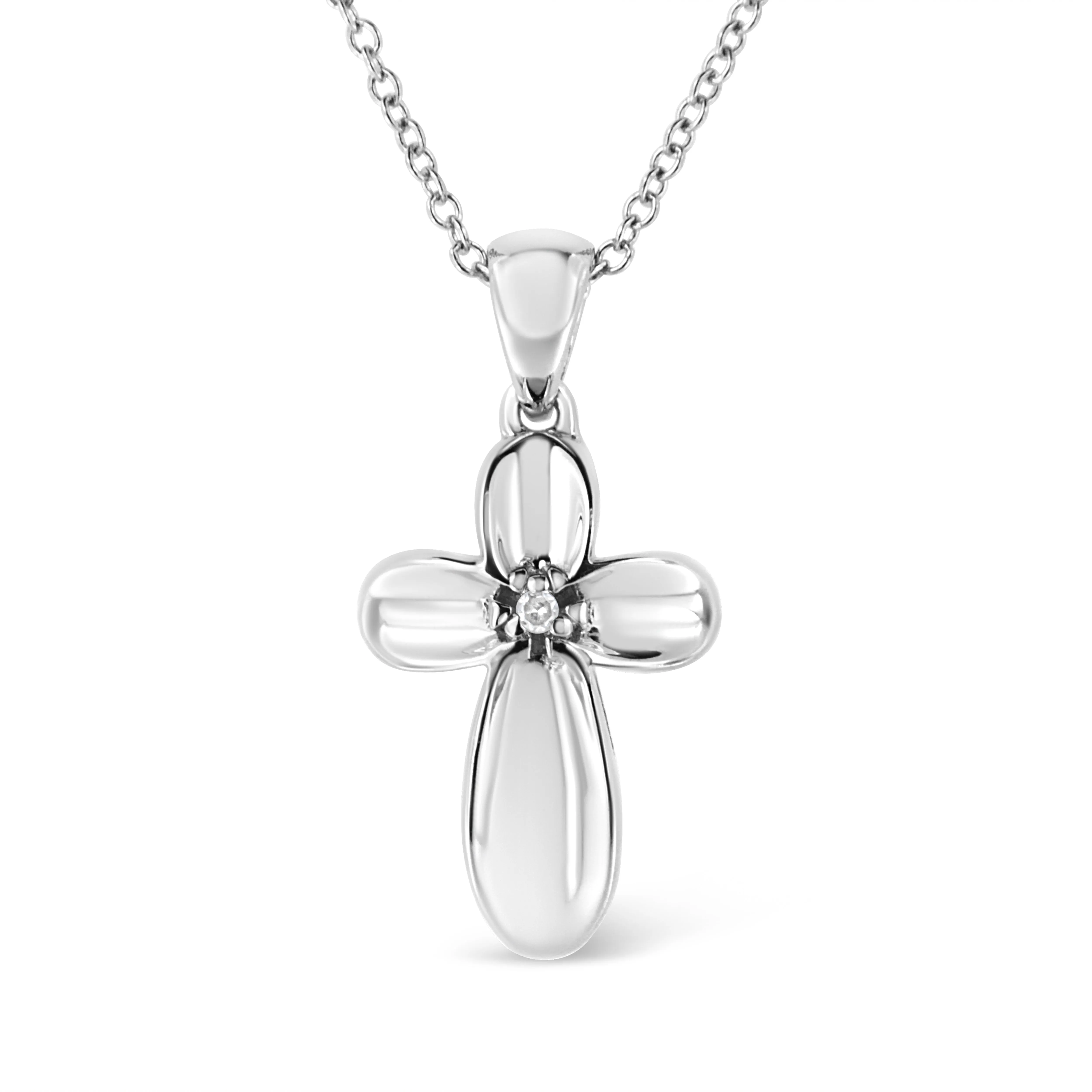 .925 Sterling Silver Prong-Set Diamond Accent Floral Cross 18 Pendant Necklace