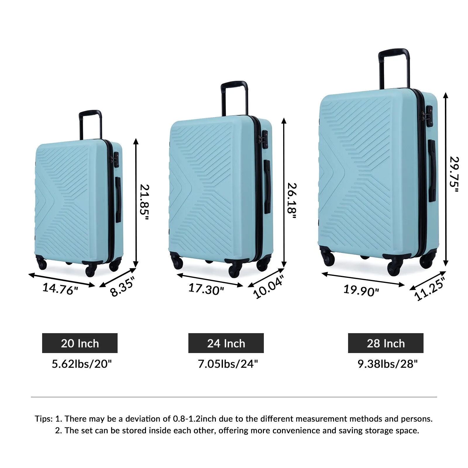 ABS 3 Piece Luggage Sets with Telescoping and Short Handles, Lightweight Suitcase with 2 Hooks and Spinner Wheels & TSA Lock