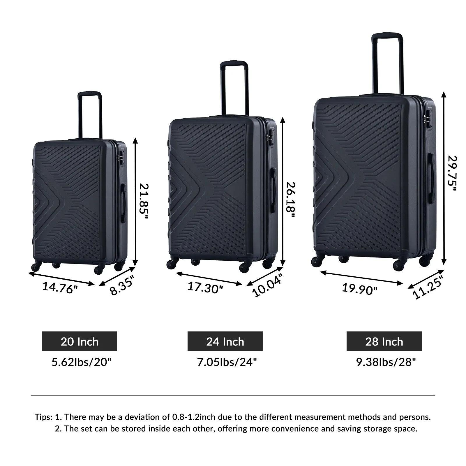 ABS 3 Piece Luggage Sets with Telescoping and Short Handles, Lightweight Suitcase with 2 Hooks and Spinner Wheels & TSA Lock