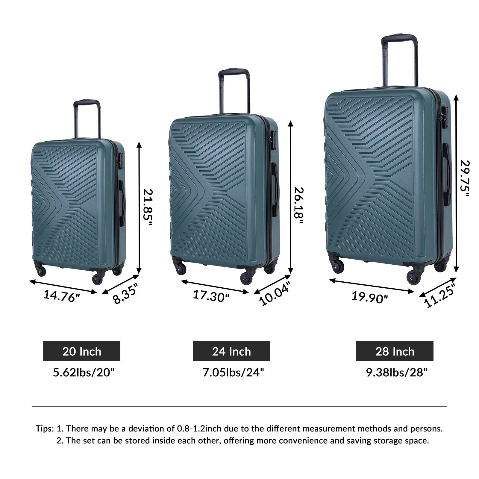 ABS 3 Piece Luggage Sets with Telescoping and Short Handles, Lightweight Suitcase with 2 Hooks and Spinner Wheels & TSA Lock