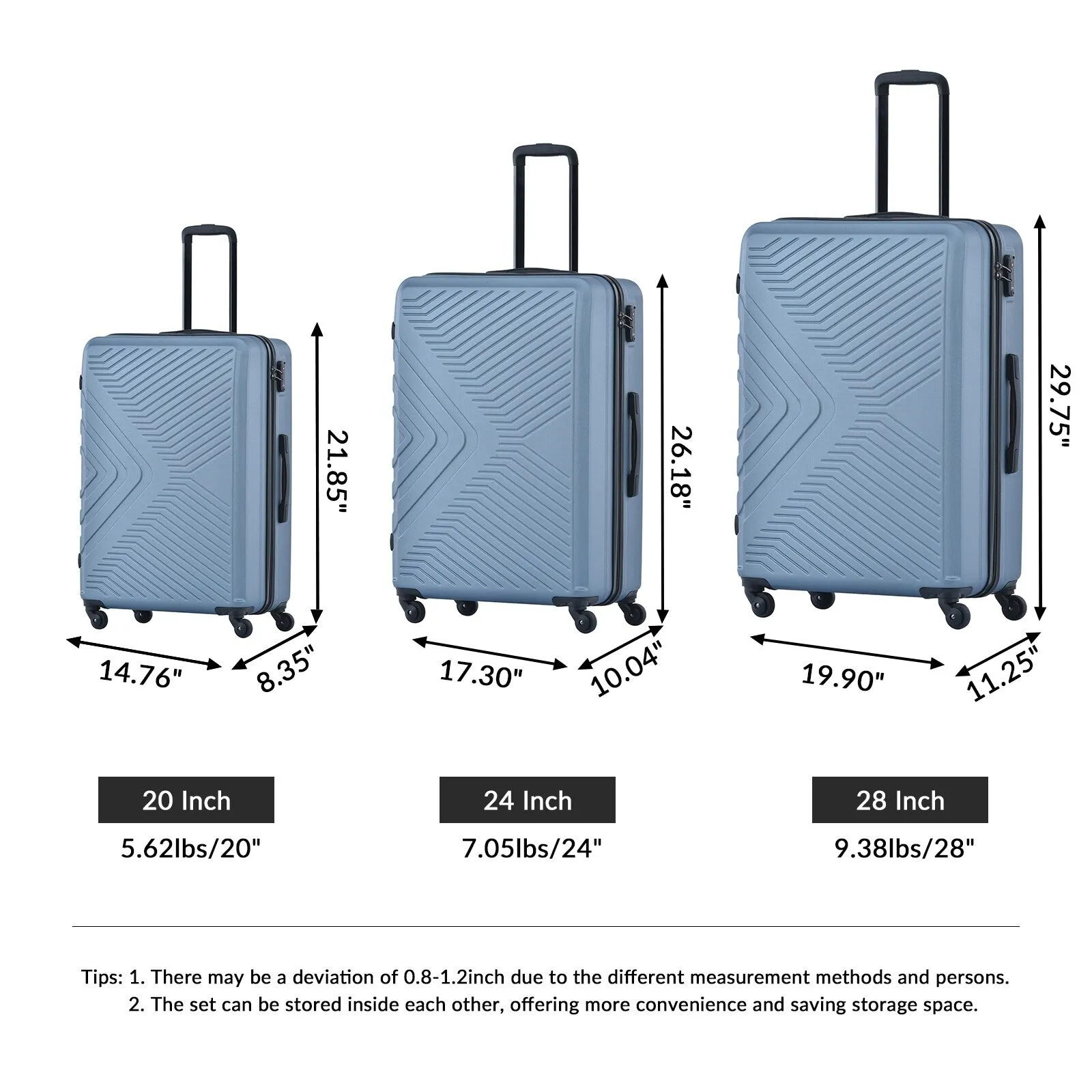ABS 3 Piece Luggage Sets with Telescoping and Short Handles, Lightweight Suitcase with 2 Hooks and Spinner Wheels & TSA Lock