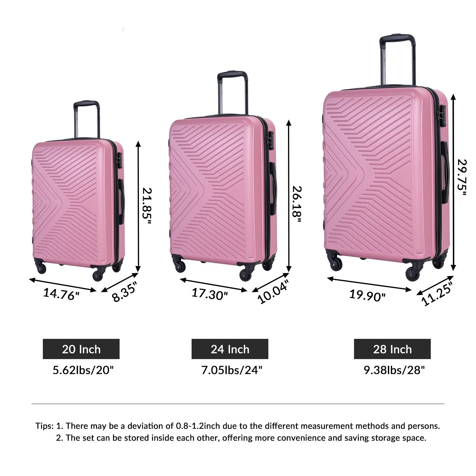 ABS 3 Piece Luggage Sets with Telescoping and Short Handles, Lightweight Suitcase with 2 Hooks and Spinner Wheels & TSA Lock