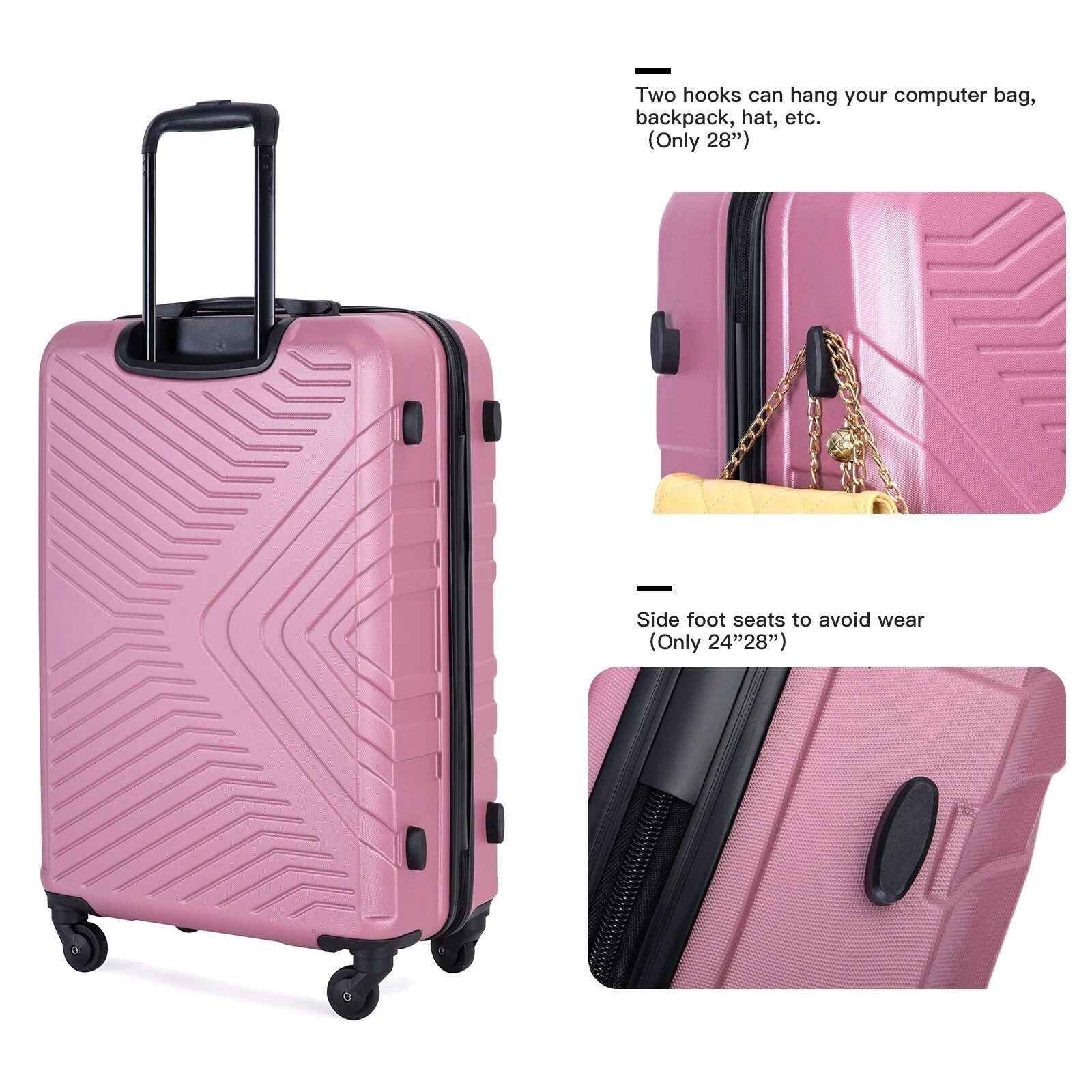ABS 3 Piece Luggage Sets with Telescoping and Short Handles, Lightweight Suitcase with 2 Hooks and Spinner Wheels & TSA Lock
