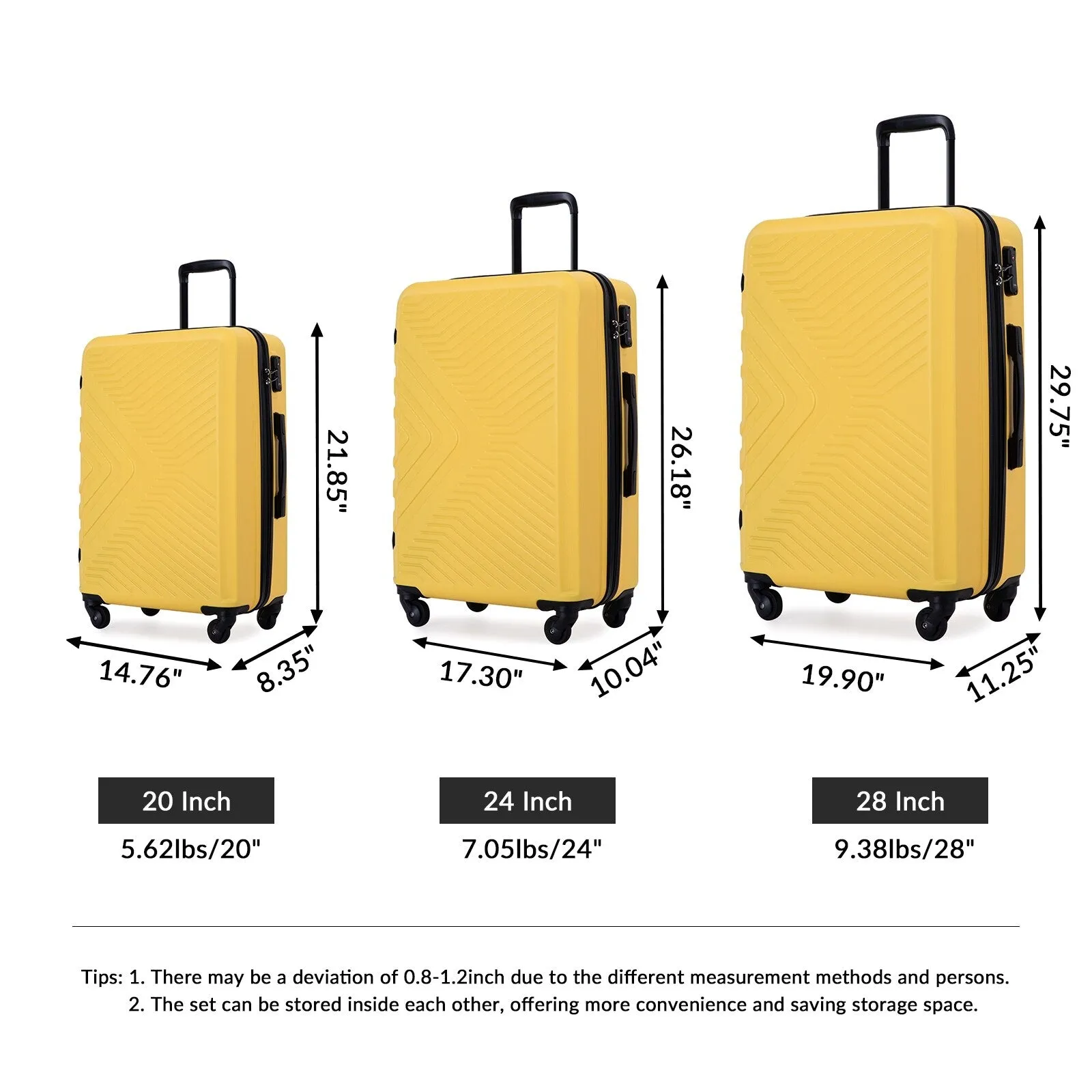 ABS 3 Piece Luggage Sets with Telescoping and Short Handles, Lightweight Suitcase with 2 Hooks and Spinner Wheels & TSA Lock