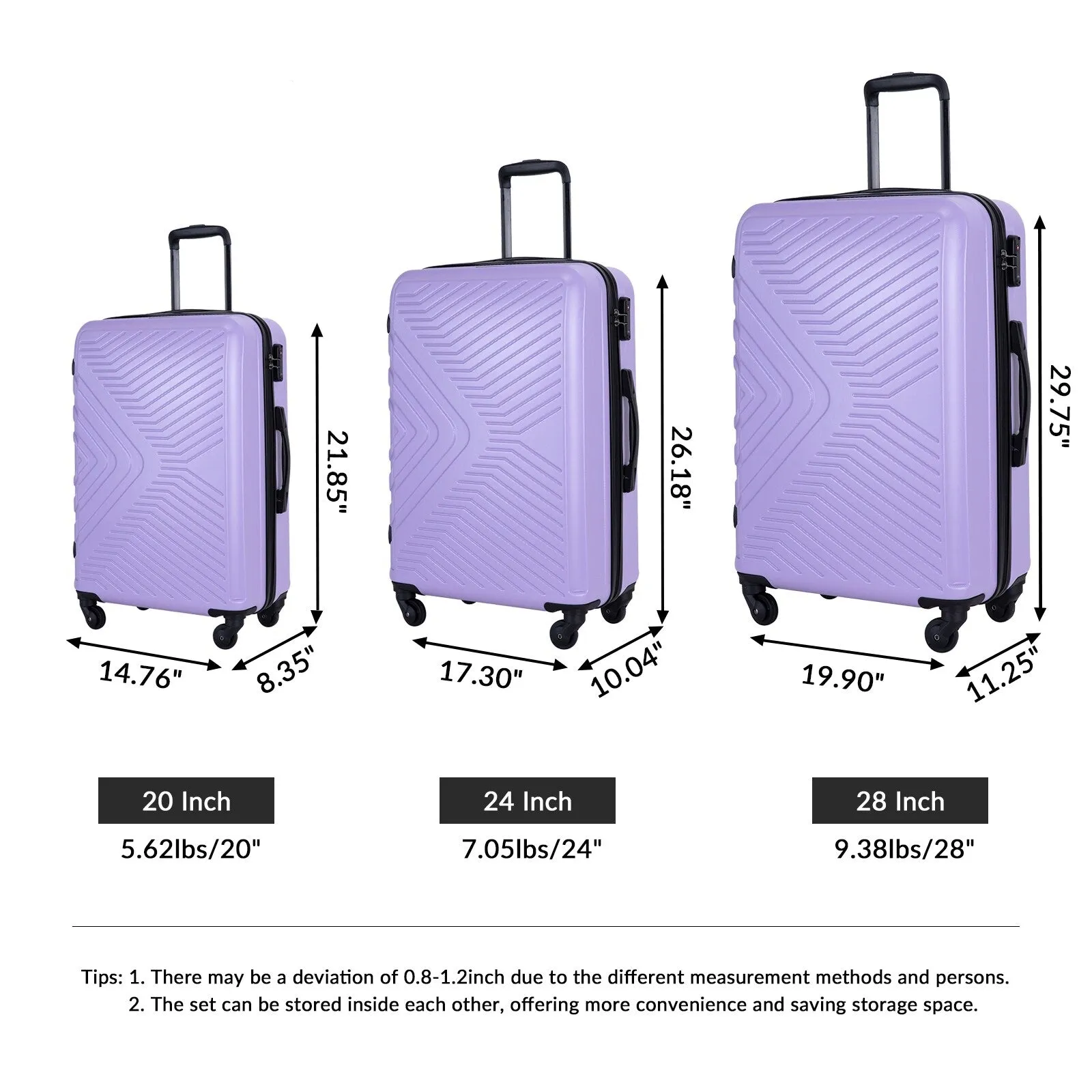 ABS 3 Piece Luggage Sets with Telescoping and Short Handles, Lightweight Suitcase with 2 Hooks and Spinner Wheels & TSA Lock