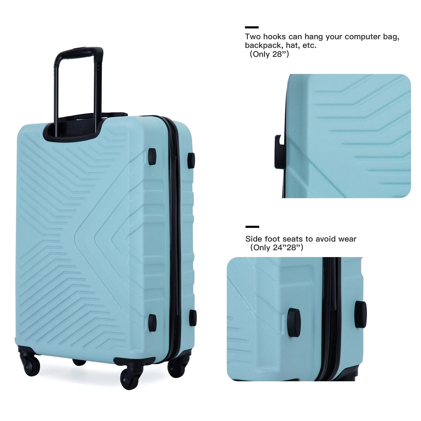 ABS 3 Piece Luggage Sets with Telescoping and Short Handles, Lightweight Suitcase with 2 Hooks and Spinner Wheels & TSA Lock