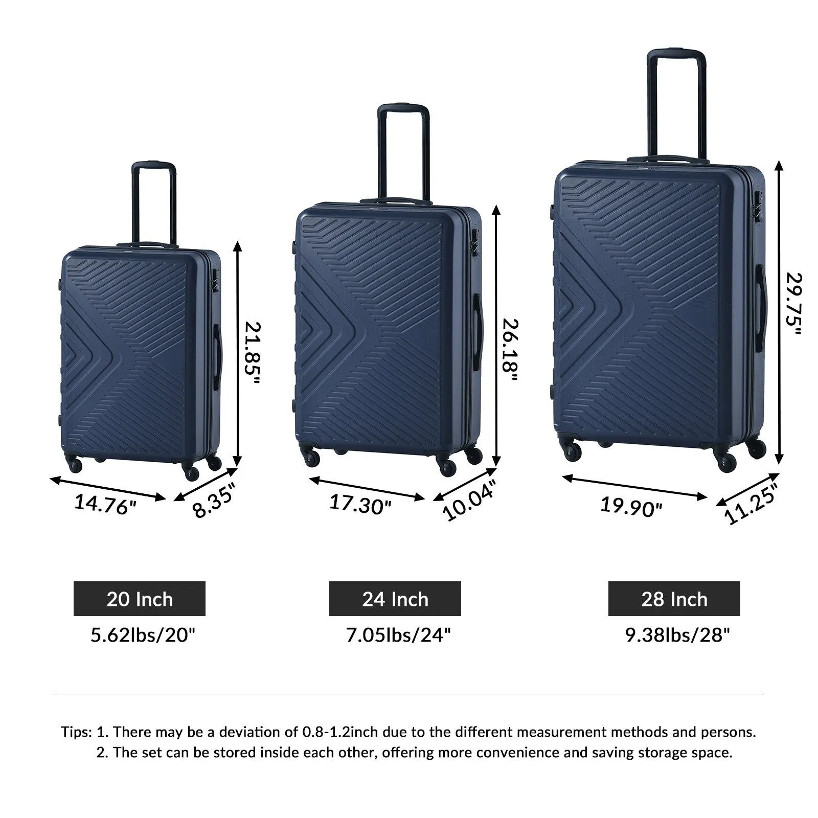 ABS 3 Piece Luggage Sets with Telescoping and Short Handles, Lightweight Suitcase with 2 Hooks and Spinner Wheels & TSA Lock