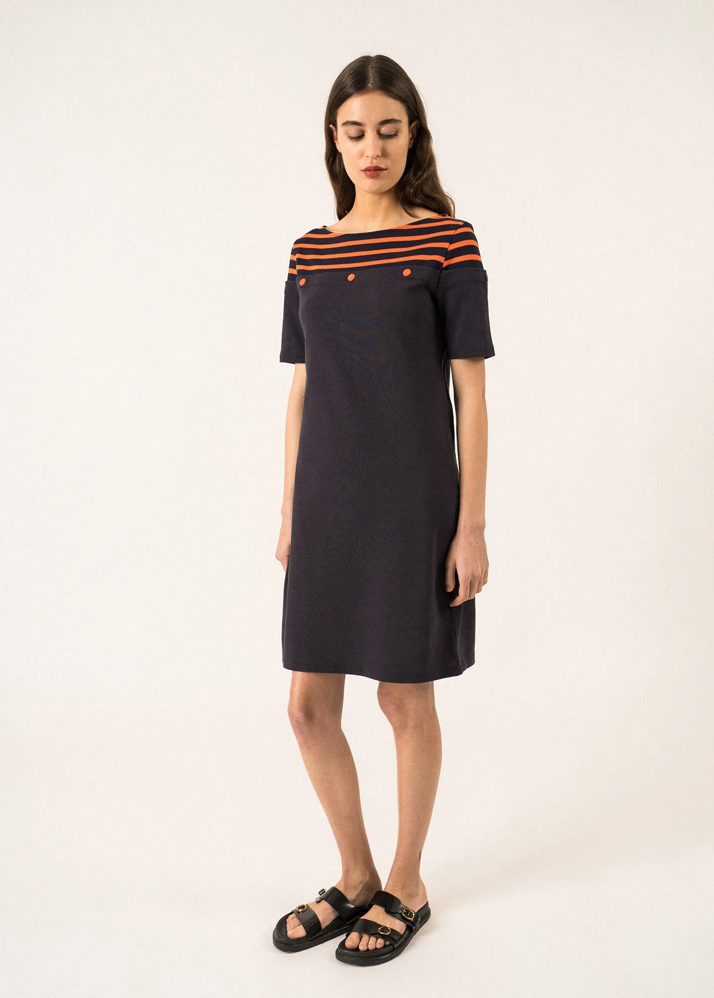 BALANCINE - Tailored Dress with Decorative Buttons and a Contrasting Yoke by Isabelle Ballu (DARK NAVY / NAVY / ORANGE)