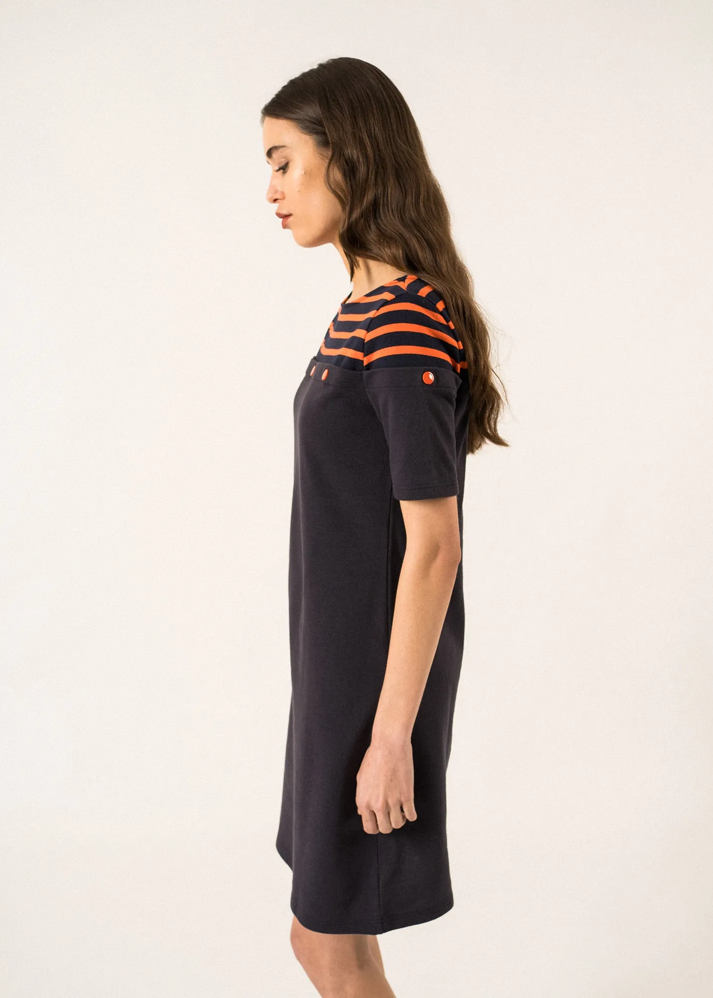 BALANCINE - Tailored Dress with Decorative Buttons and a Contrasting Yoke by Isabelle Ballu (DARK NAVY / NAVY / ORANGE)