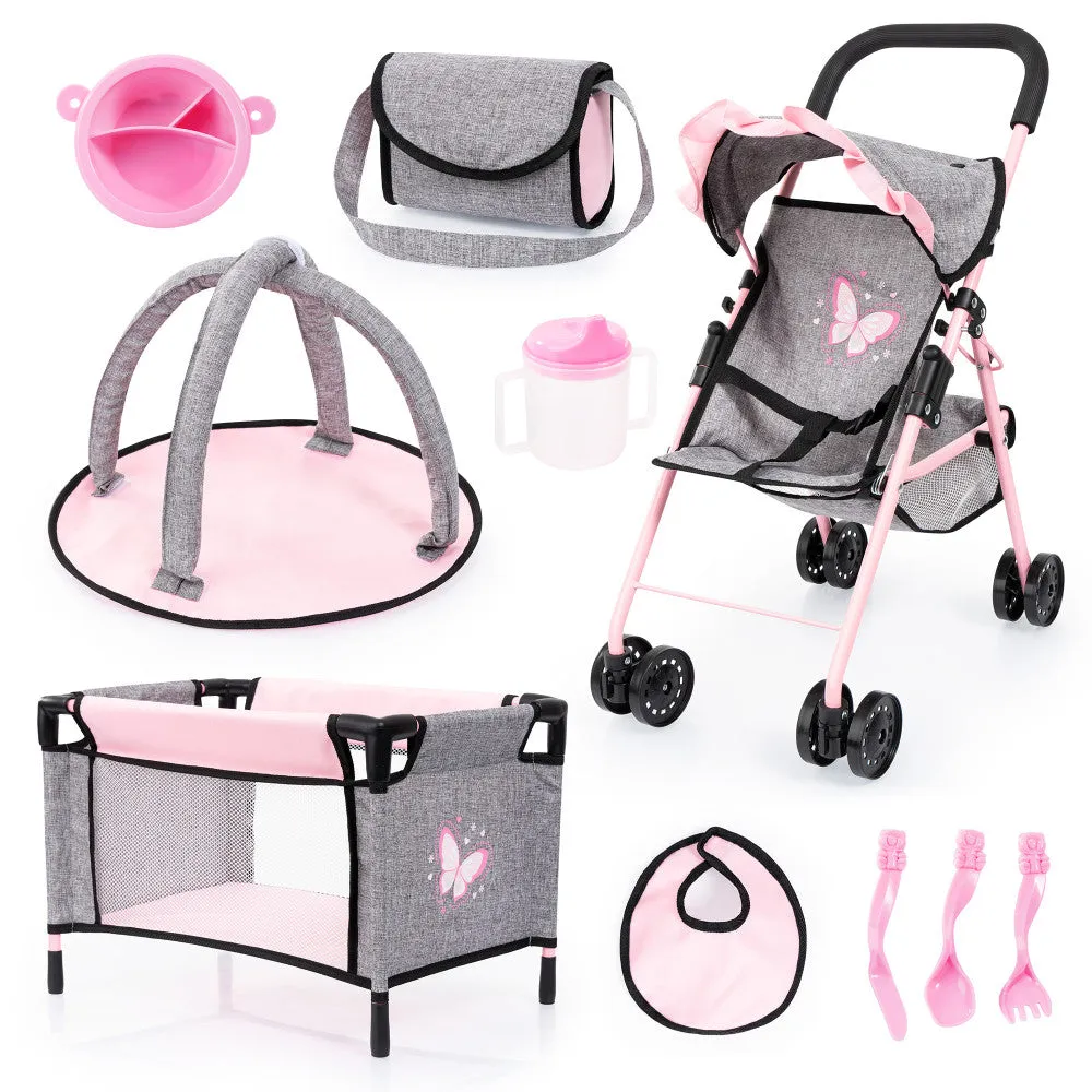 Bayer Design Dolls Buggy Playset with Accessories - Grey, Pink, Butterfly, Ages 3 
