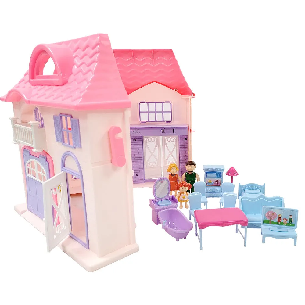 Boley Doll House Playset - Pink & Purple - 16pc with 3 Family Dolls for Kids 3 