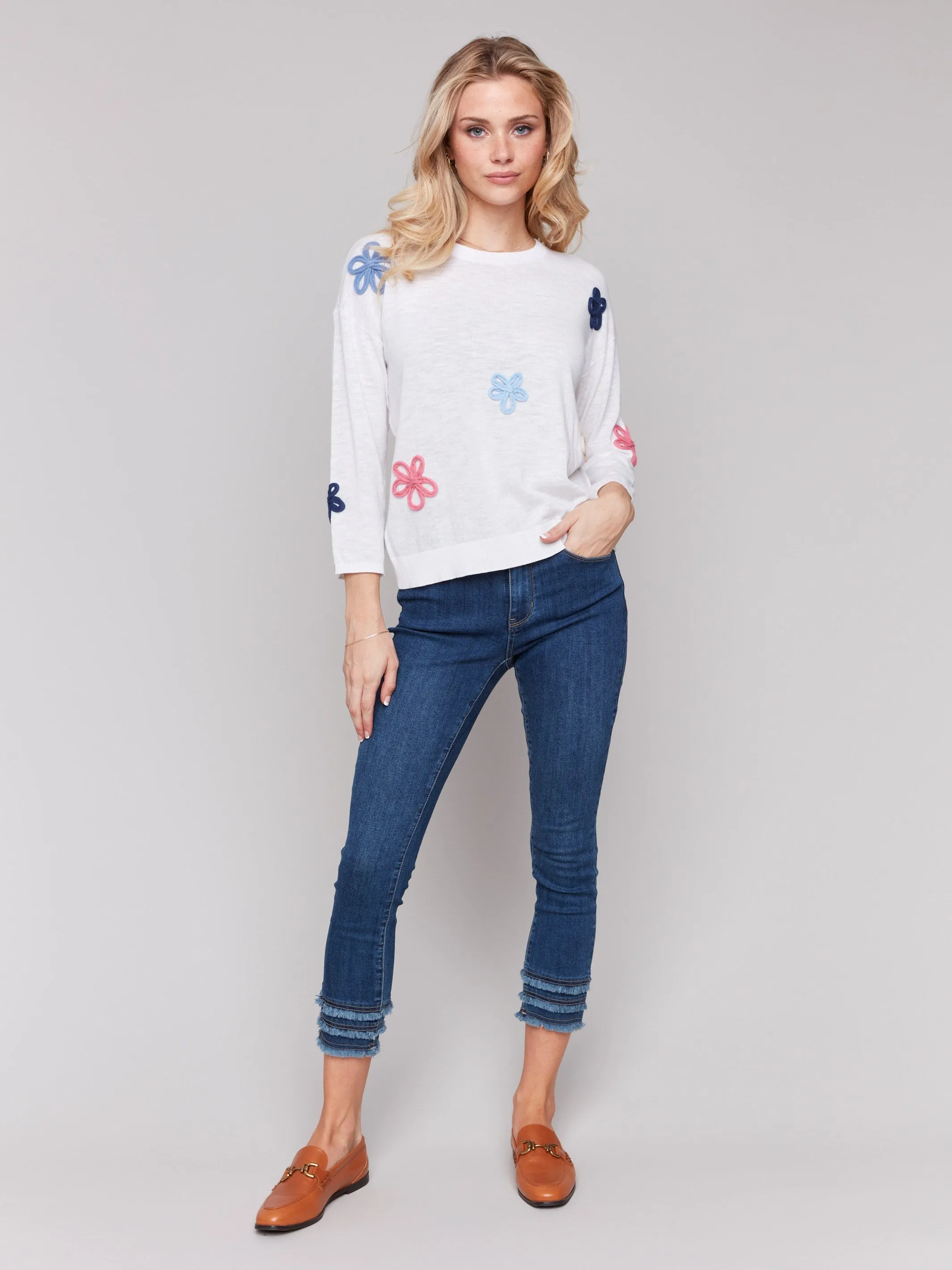 Cotton Sweater with Flower Patches - White