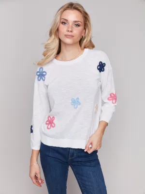 Cotton Sweater with Flower Patches - White
