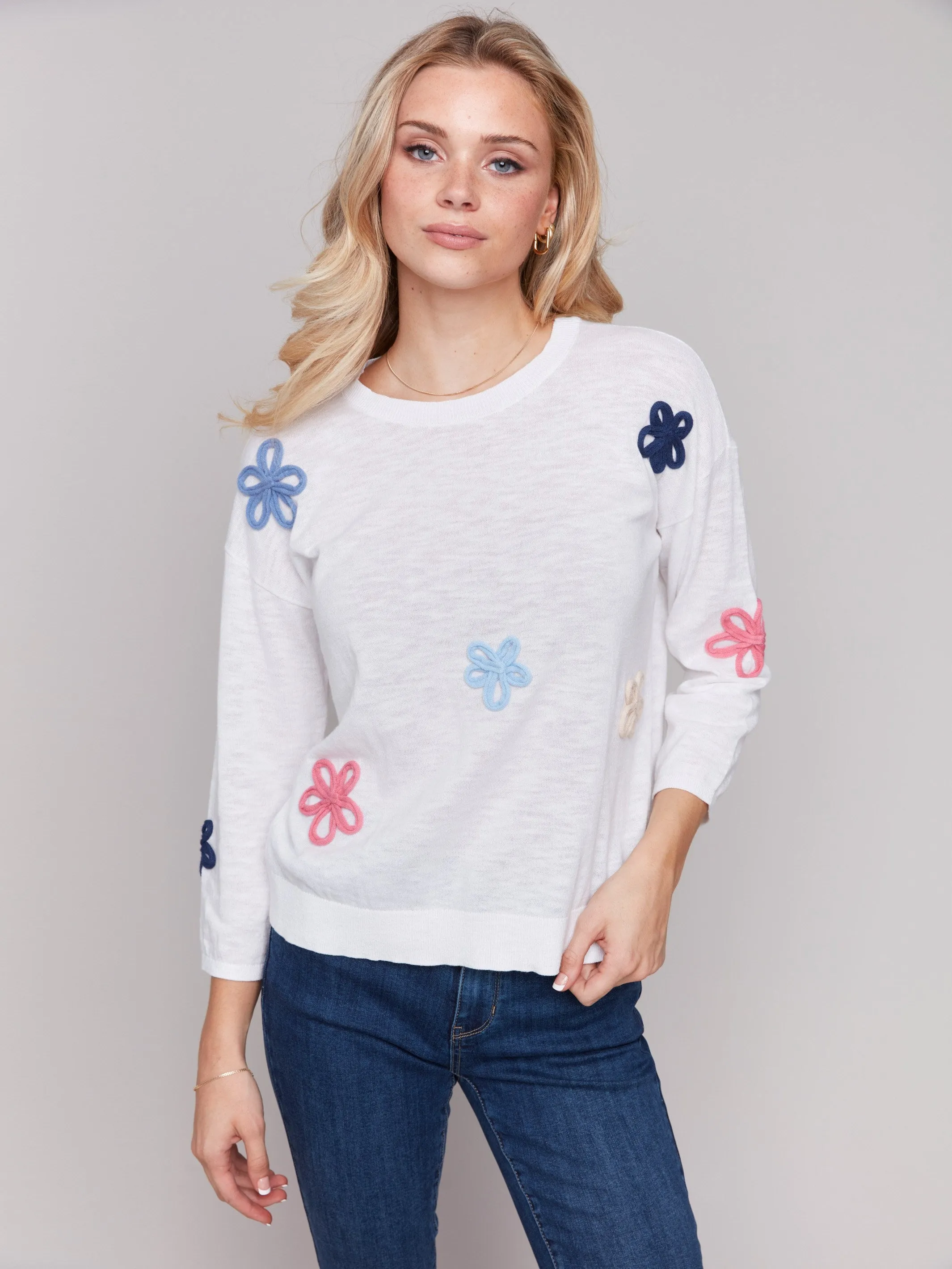 Cotton Sweater with Flower Patches - White