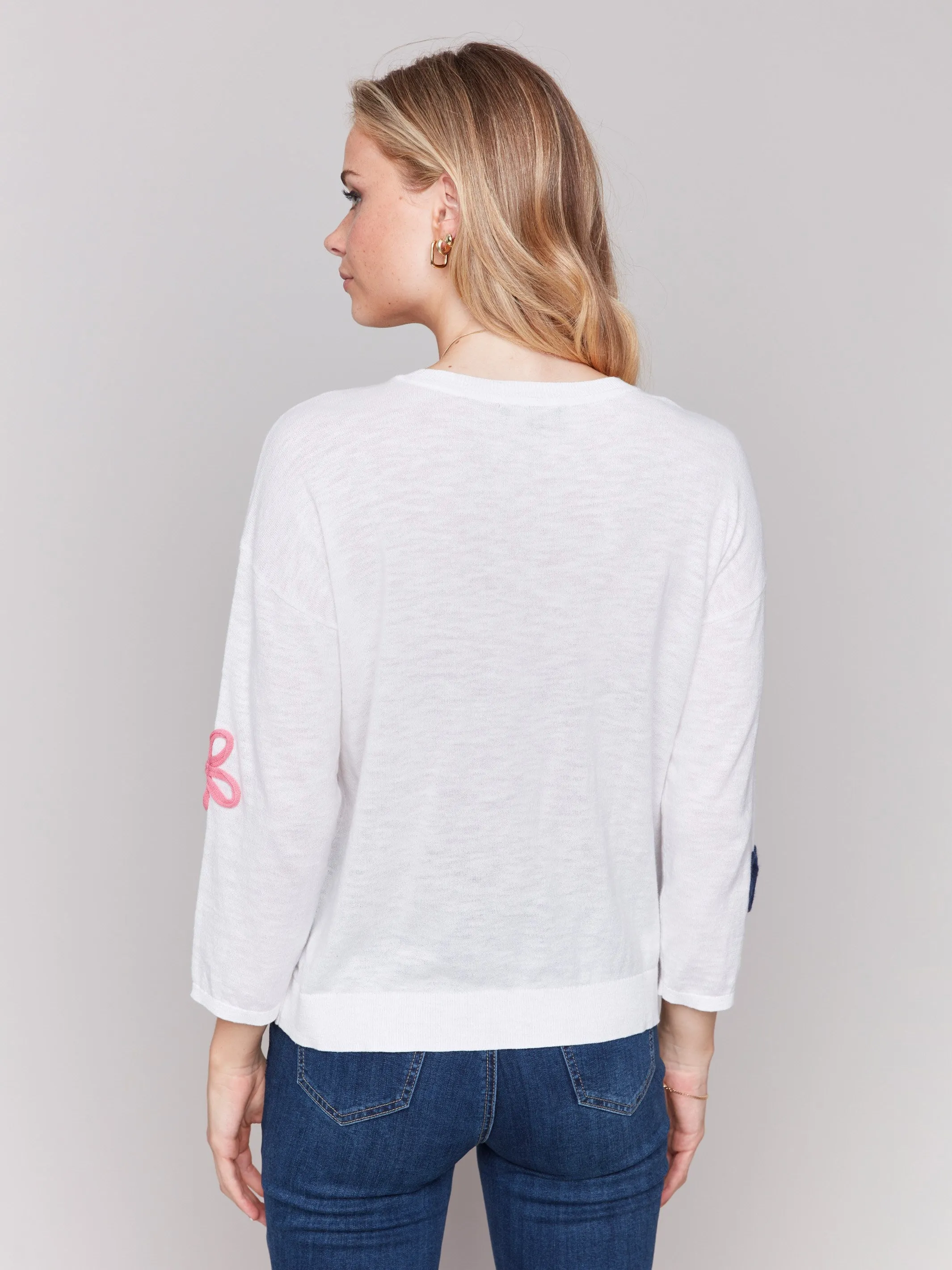 Cotton Sweater with Flower Patches - White