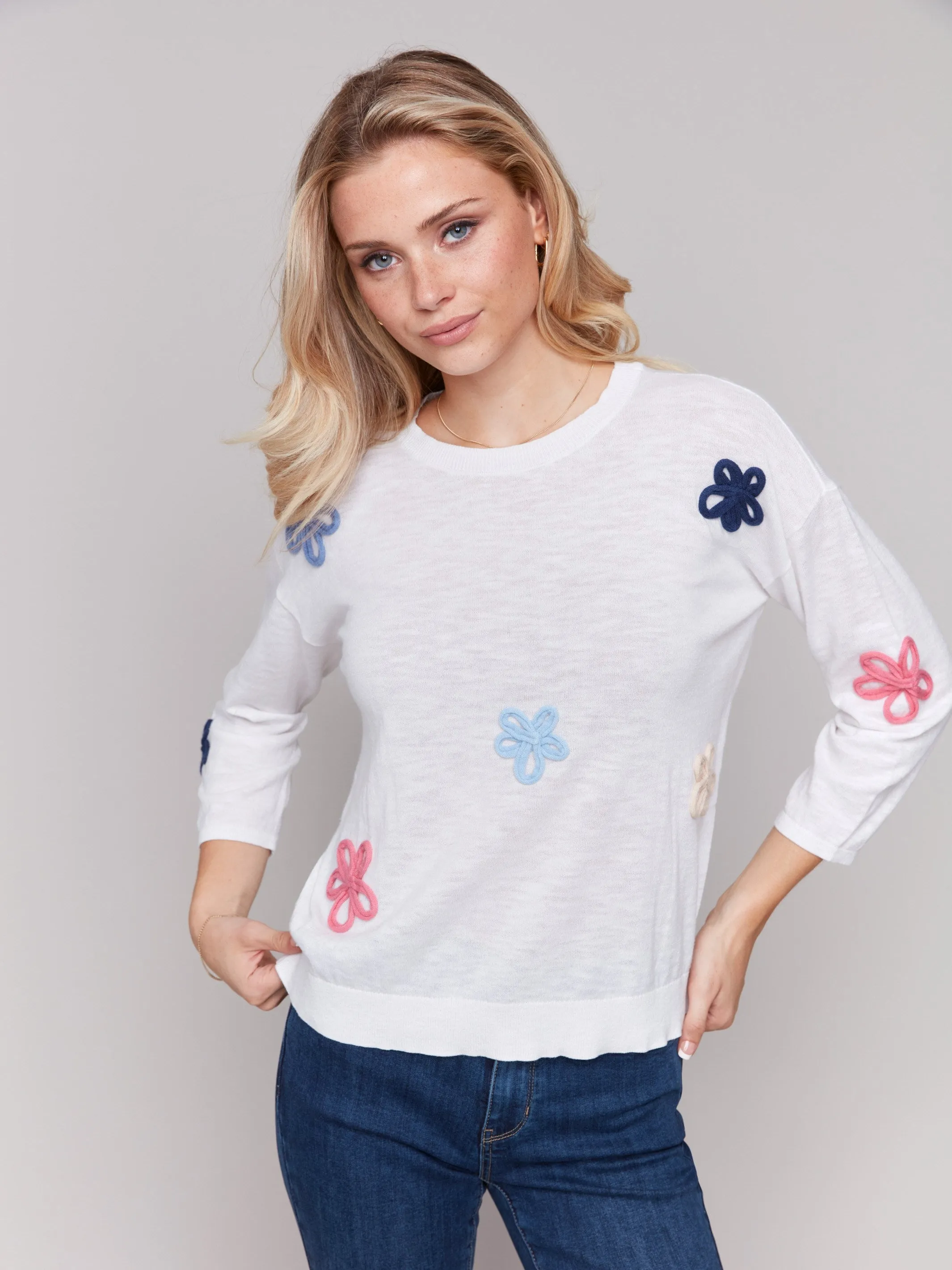Cotton Sweater with Flower Patches - White