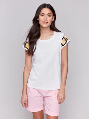 Crochet Cap Sleeve Cotton T-Shirt - White