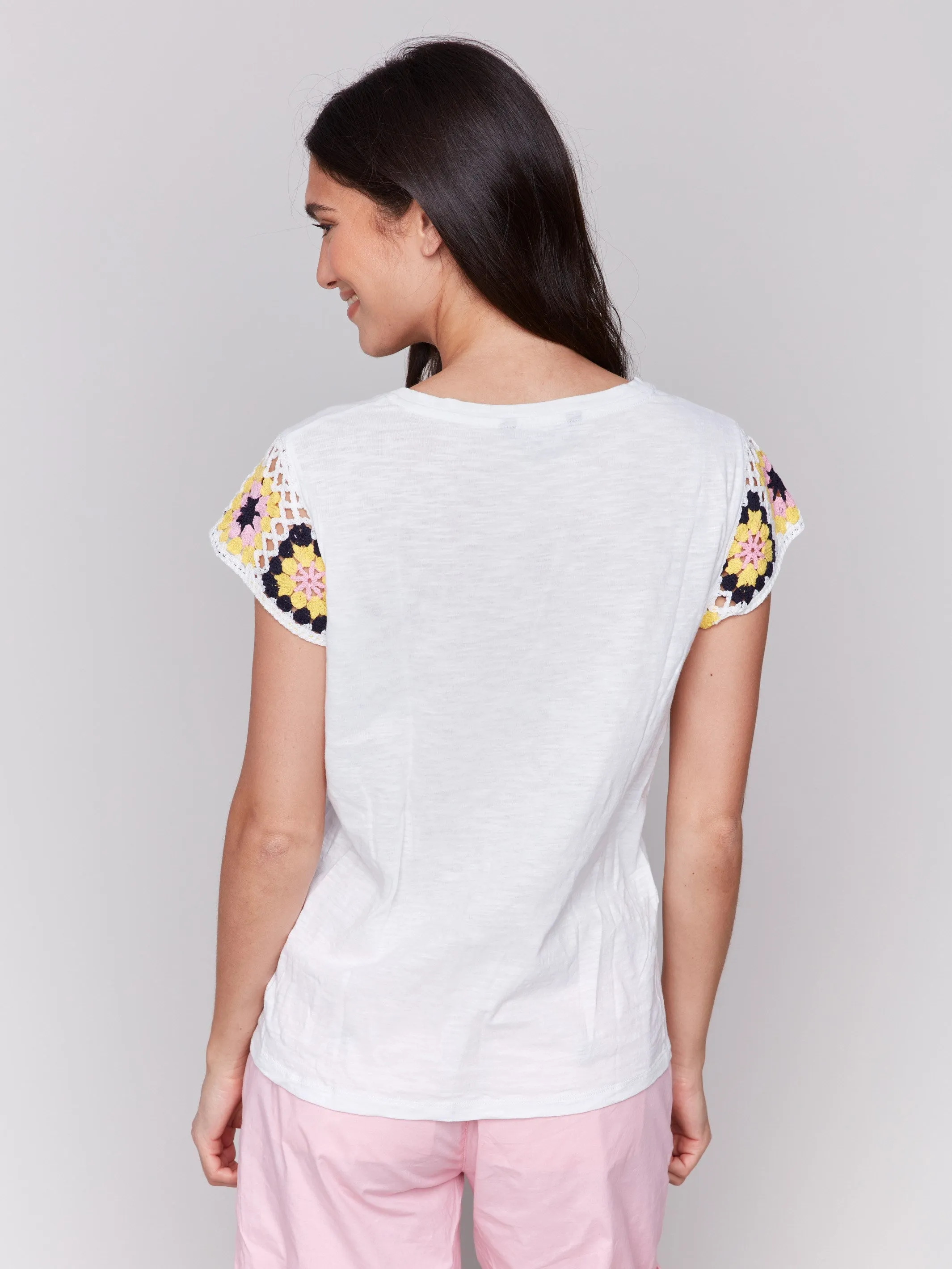 Crochet Cap Sleeve Cotton T-Shirt - White