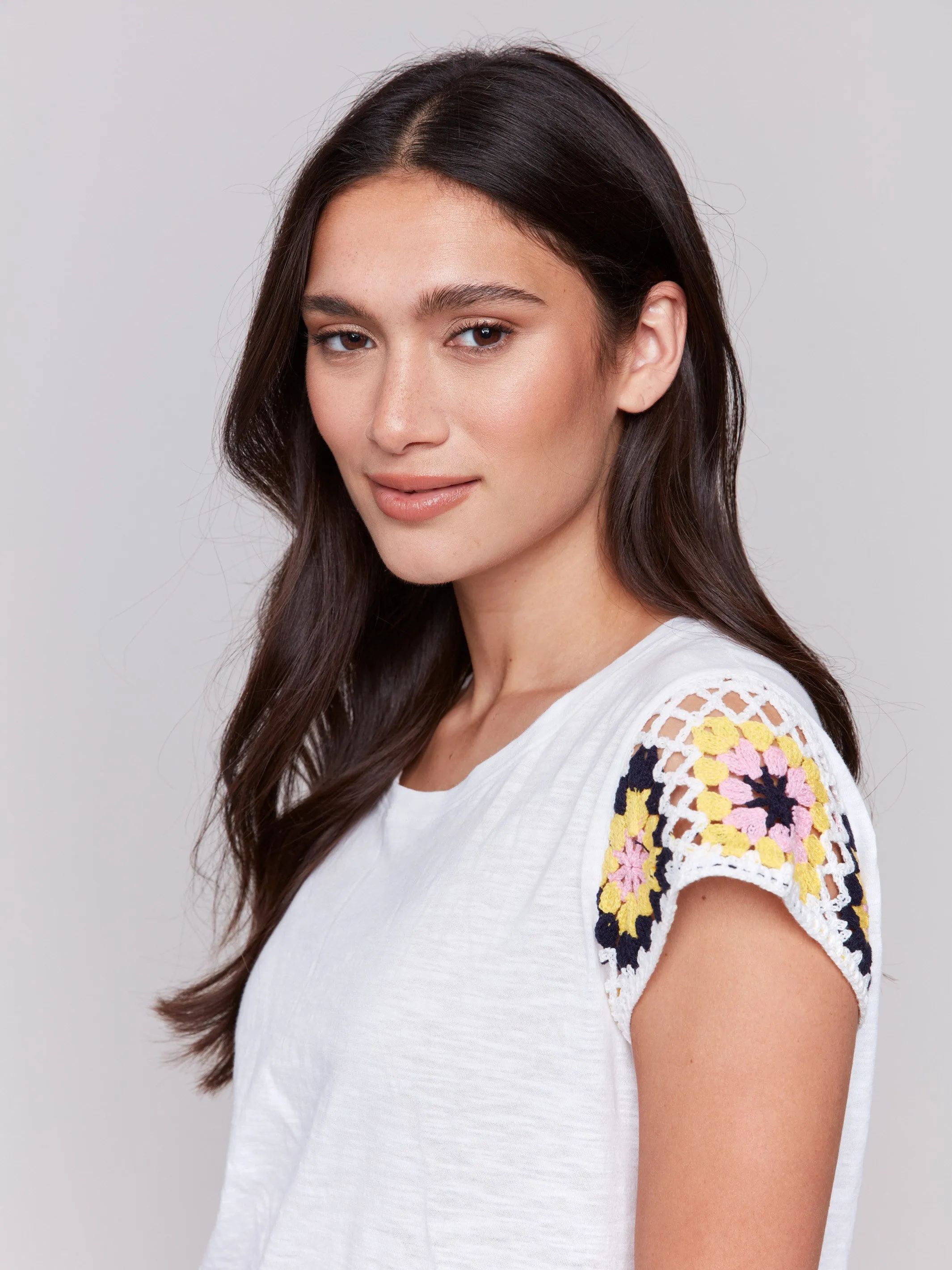 Crochet Cap Sleeve Cotton T-Shirt - White