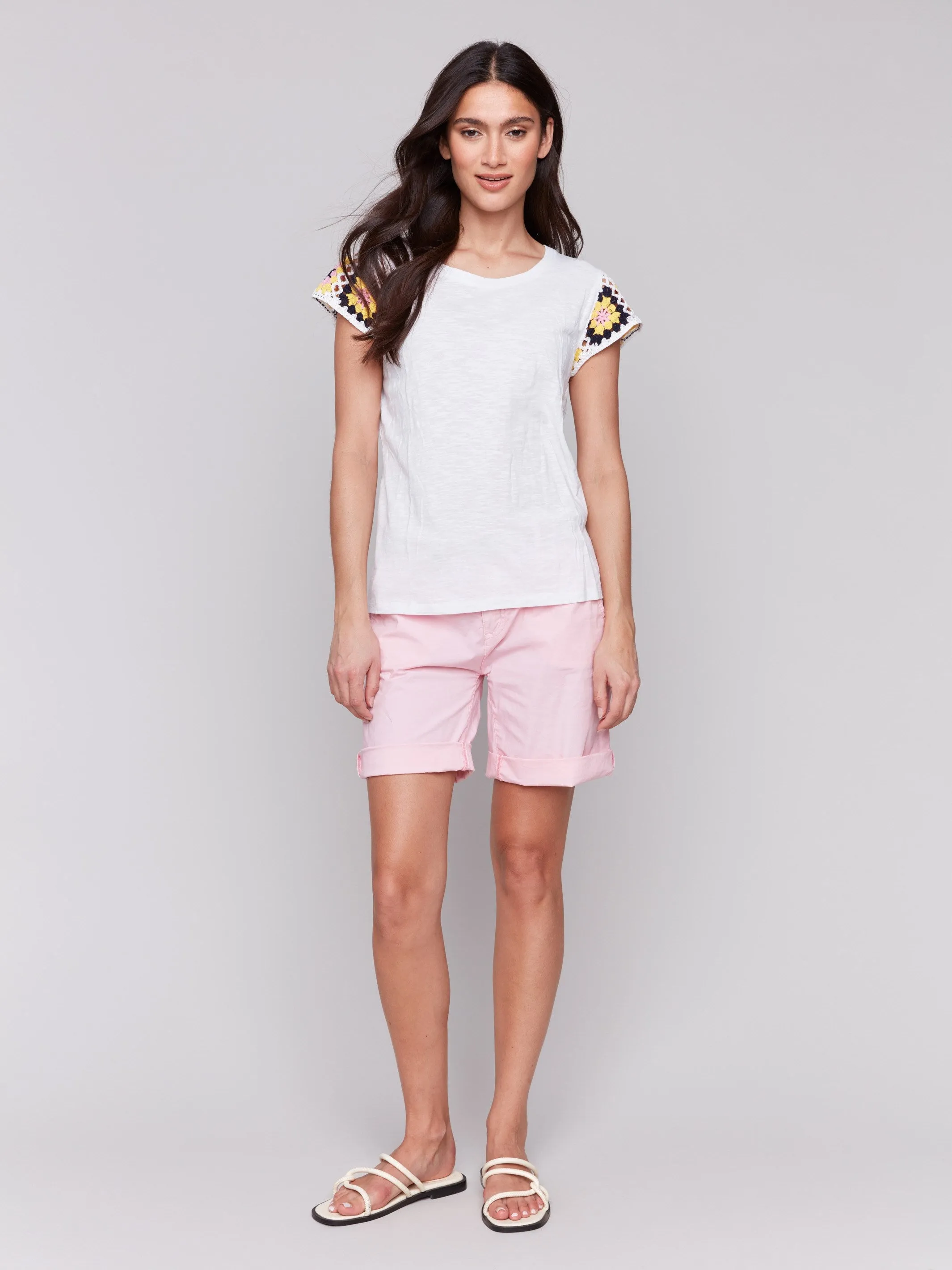 Crochet Cap Sleeve Cotton T-Shirt - White