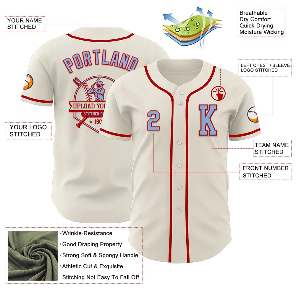 Custom Cream Light Blue-Red Authentic Baseball Jersey