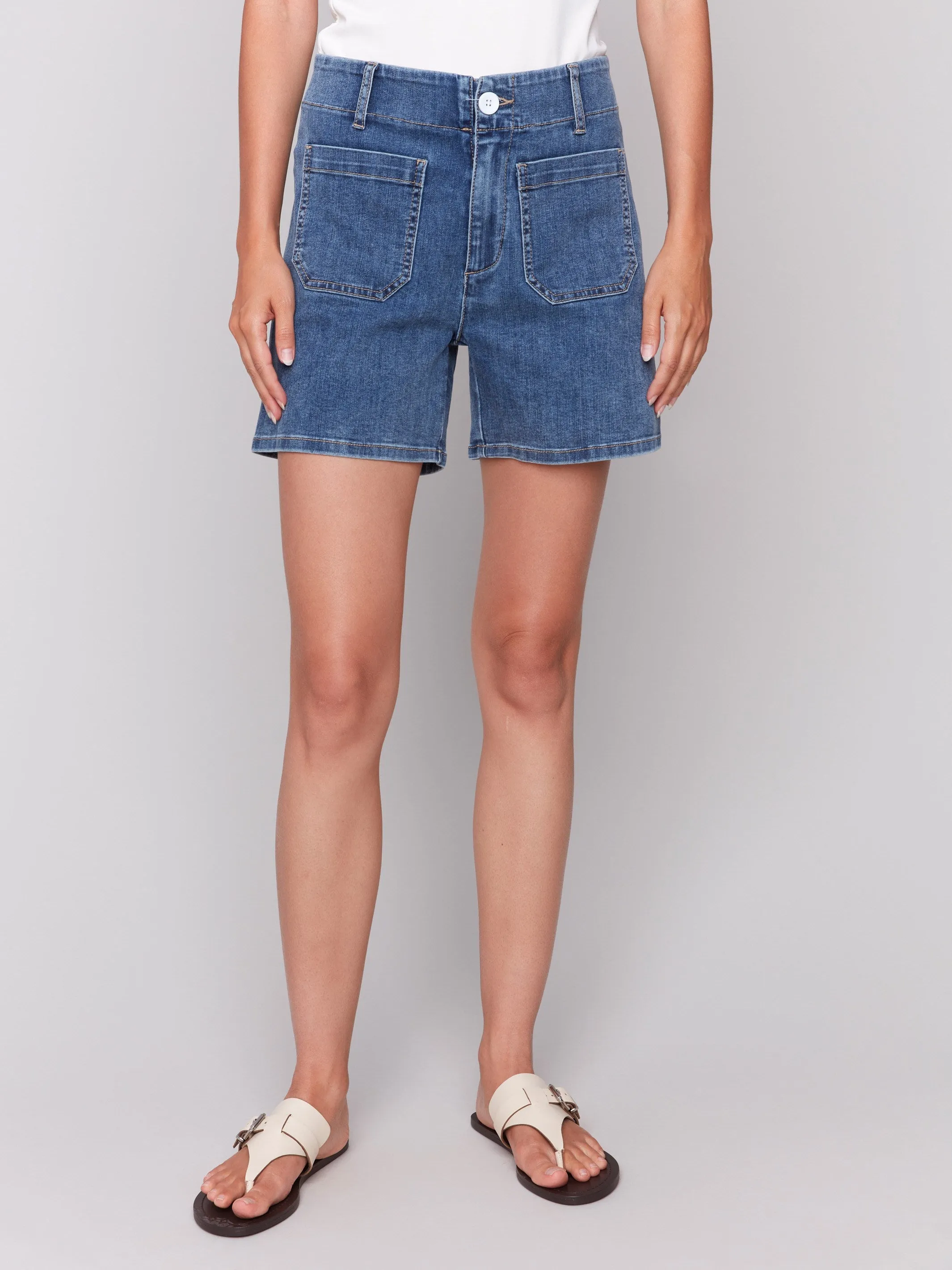 Denim Shorts with Patch Pockets - Medium Blue