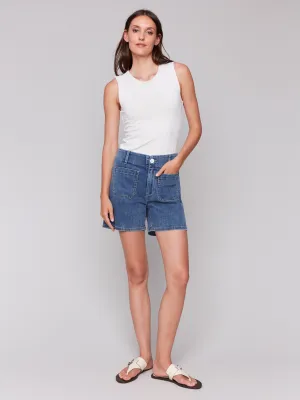 Denim Shorts with Patch Pockets - Medium Blue