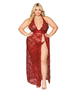 Dreamgirl Plus Size Lace Halter Gown Set with Scalloped-Edge Trim & High Side Slit Detail