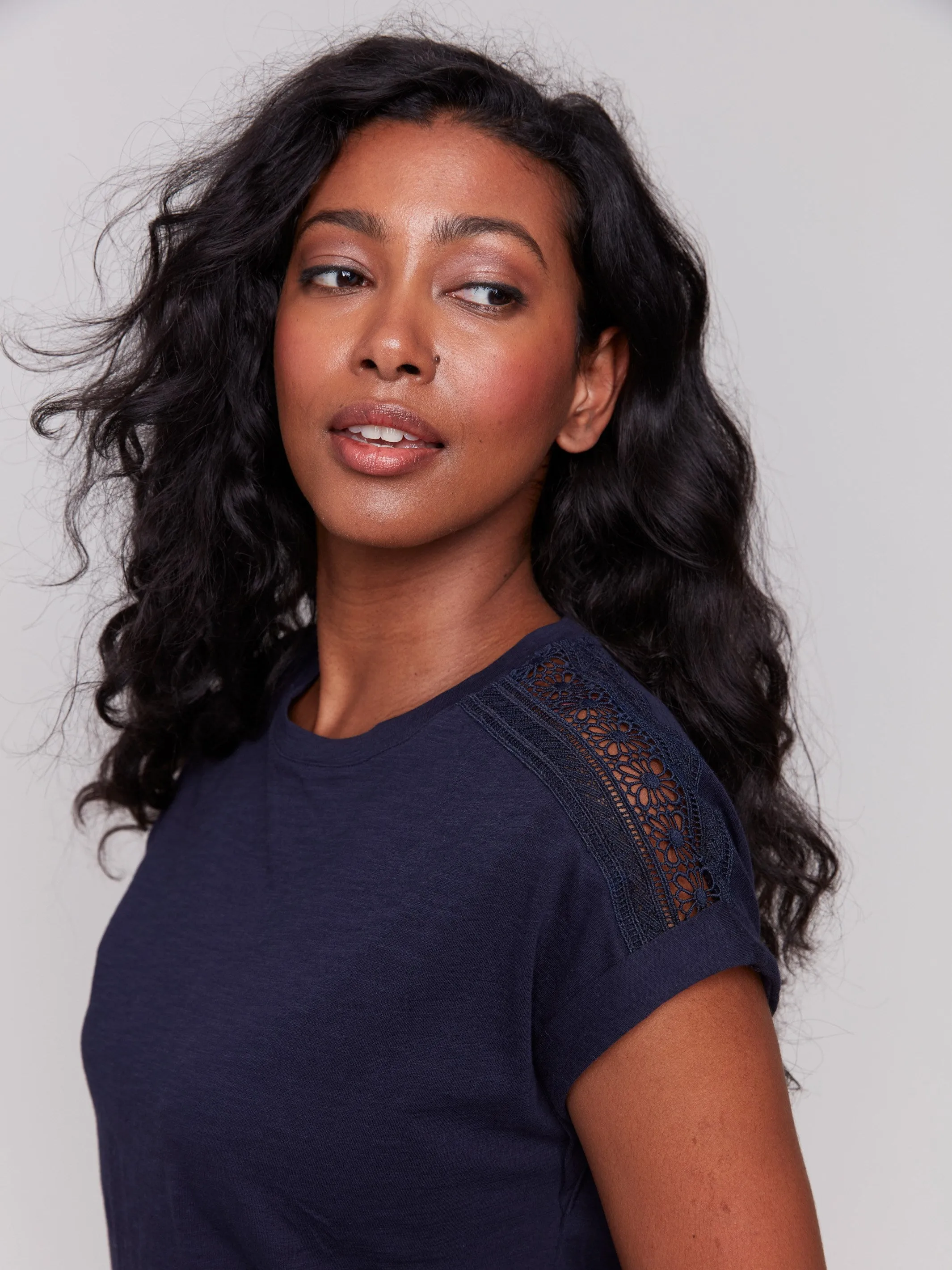 Drop Shoulder T-Shirt with Lace Detail - Navy