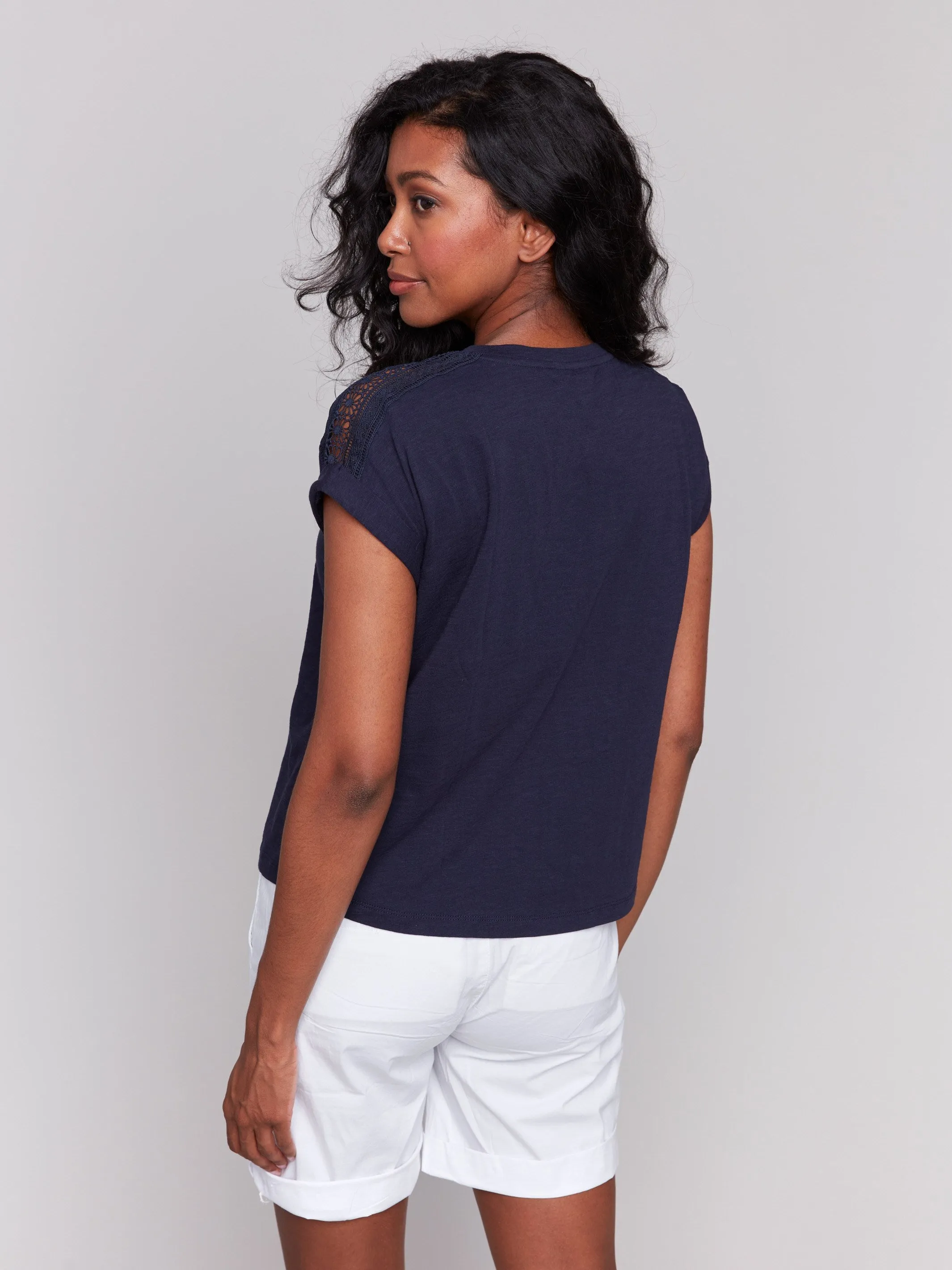 Drop Shoulder T-Shirt with Lace Detail - Navy