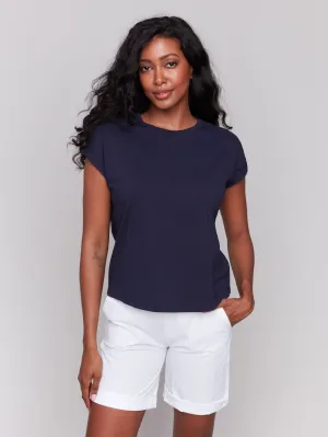 Drop Shoulder T-Shirt with Lace Detail - Navy