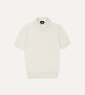 Ecru Knitted Crepe Cotton Short-Sleeve Polo Shirt