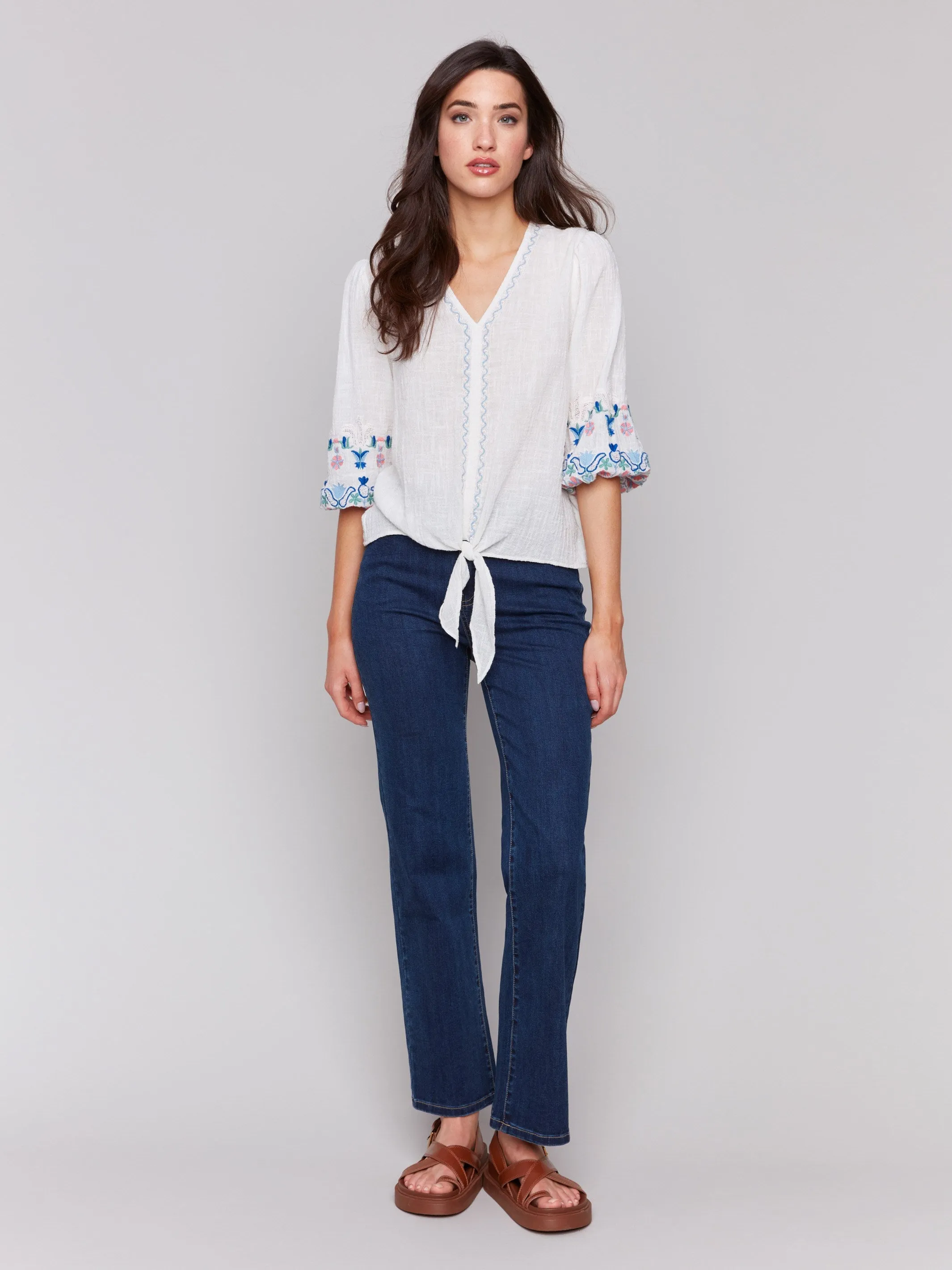 Embroidered 3/4 Sleeve Cotton Blouse with Front Tie - White