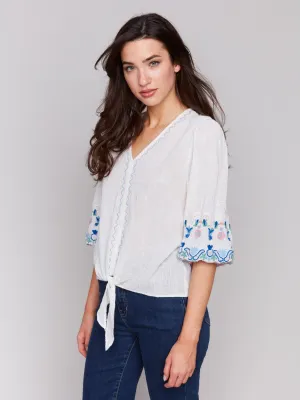Embroidered 3/4 Sleeve Cotton Blouse with Front Tie - White