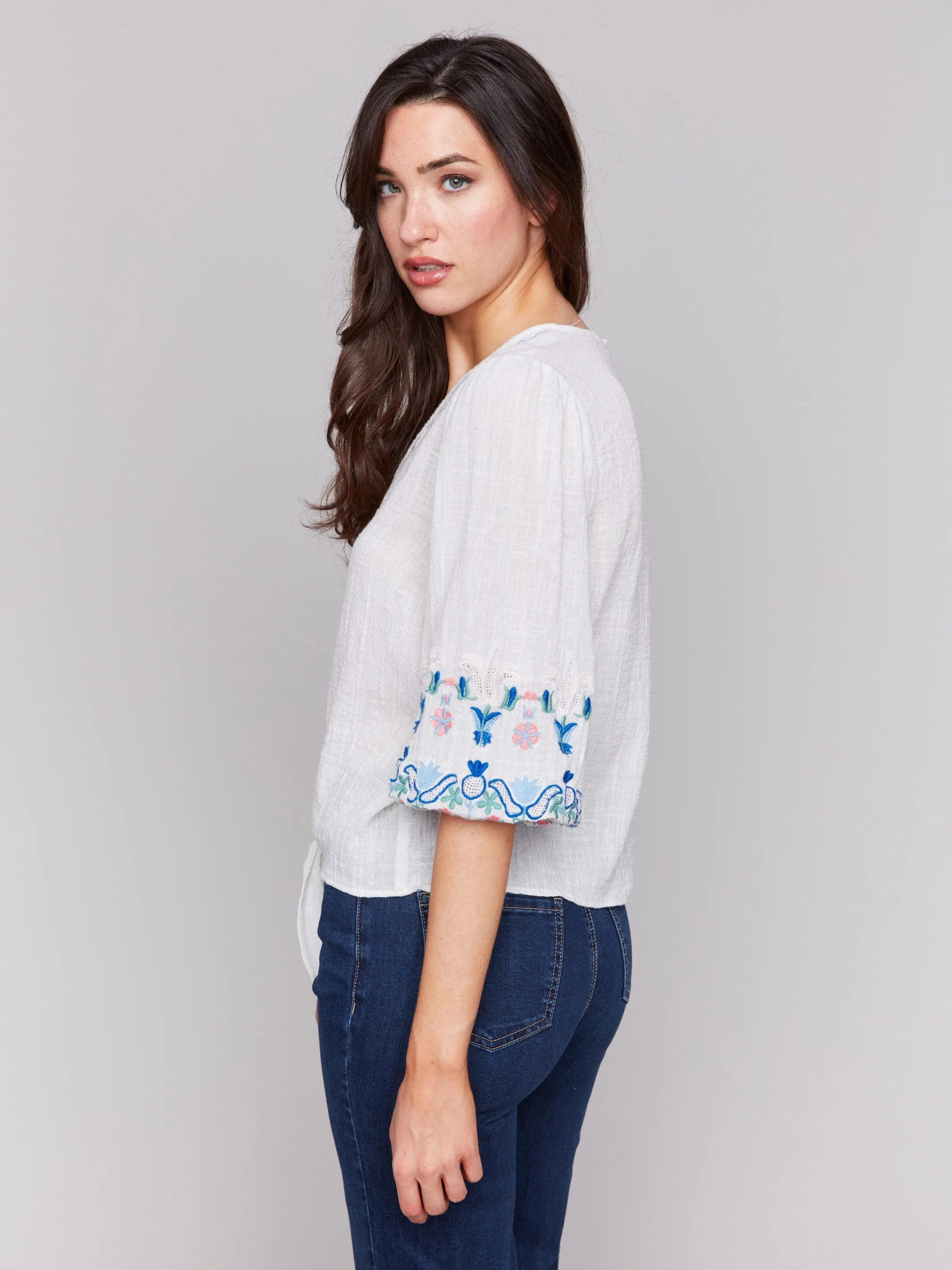 Embroidered 3/4 Sleeve Cotton Blouse with Front Tie - White