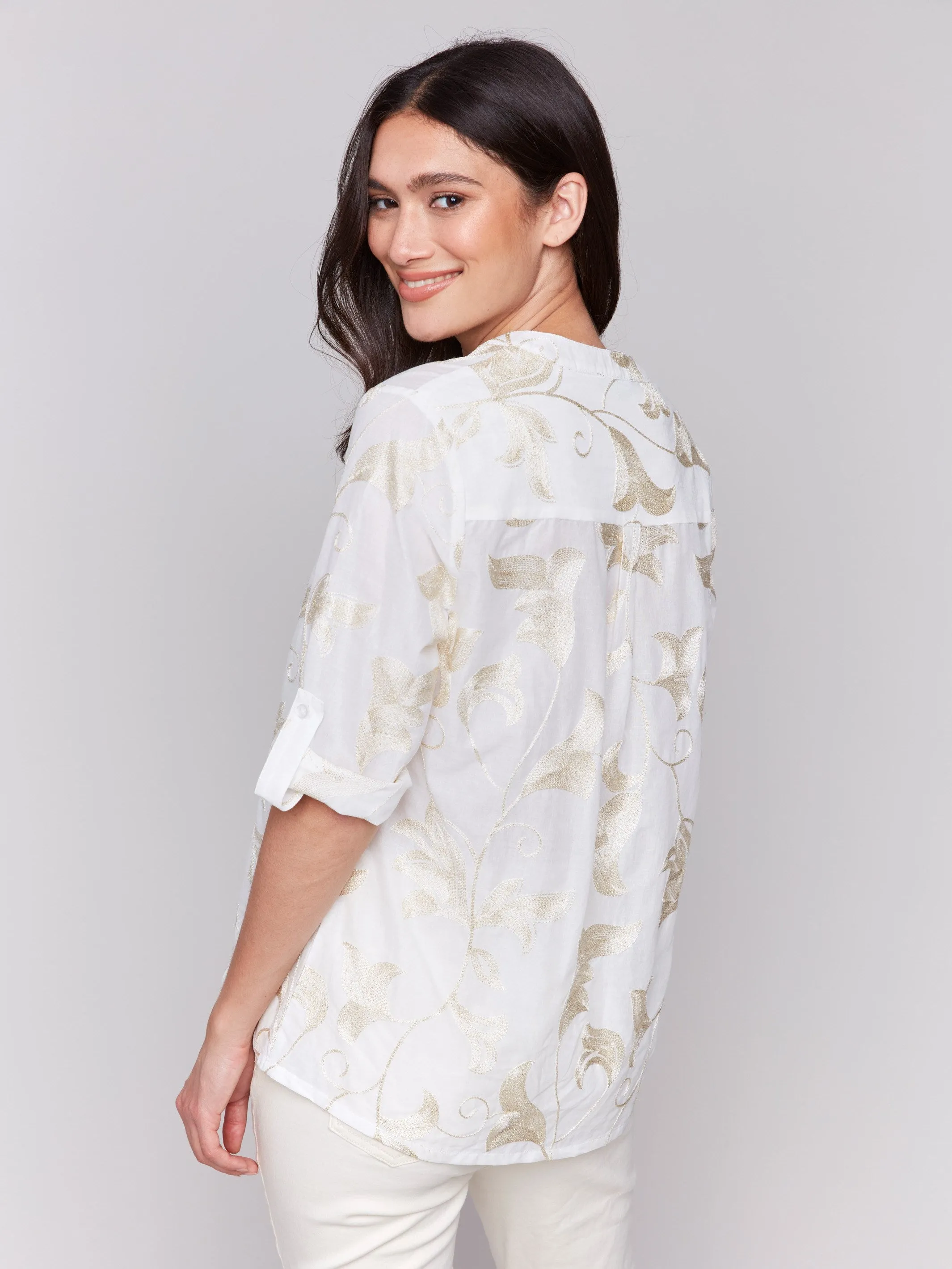 Embroidered Cotton Half-Button Blouse - Gold