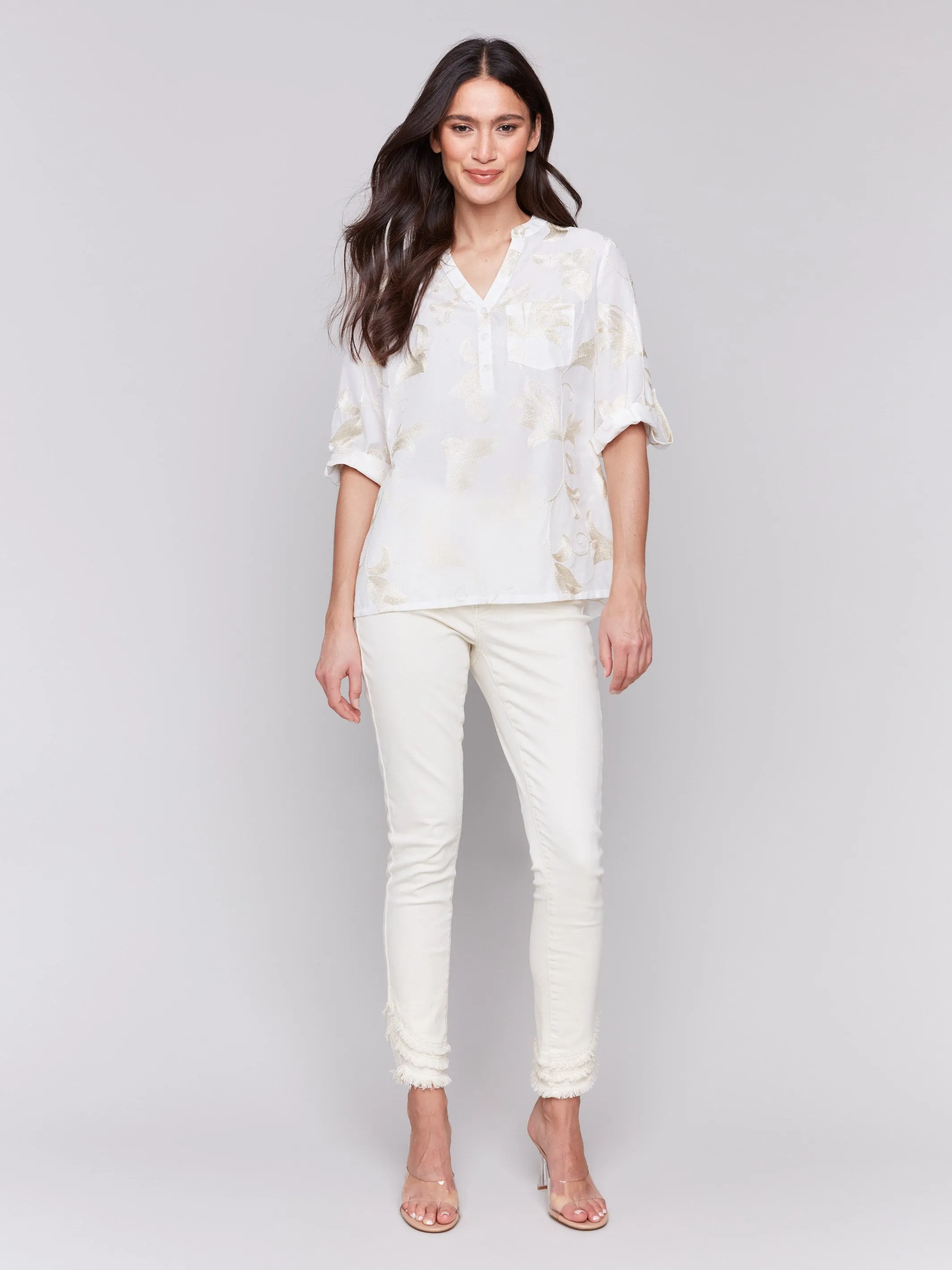 Embroidered Cotton Half-Button Blouse - Gold