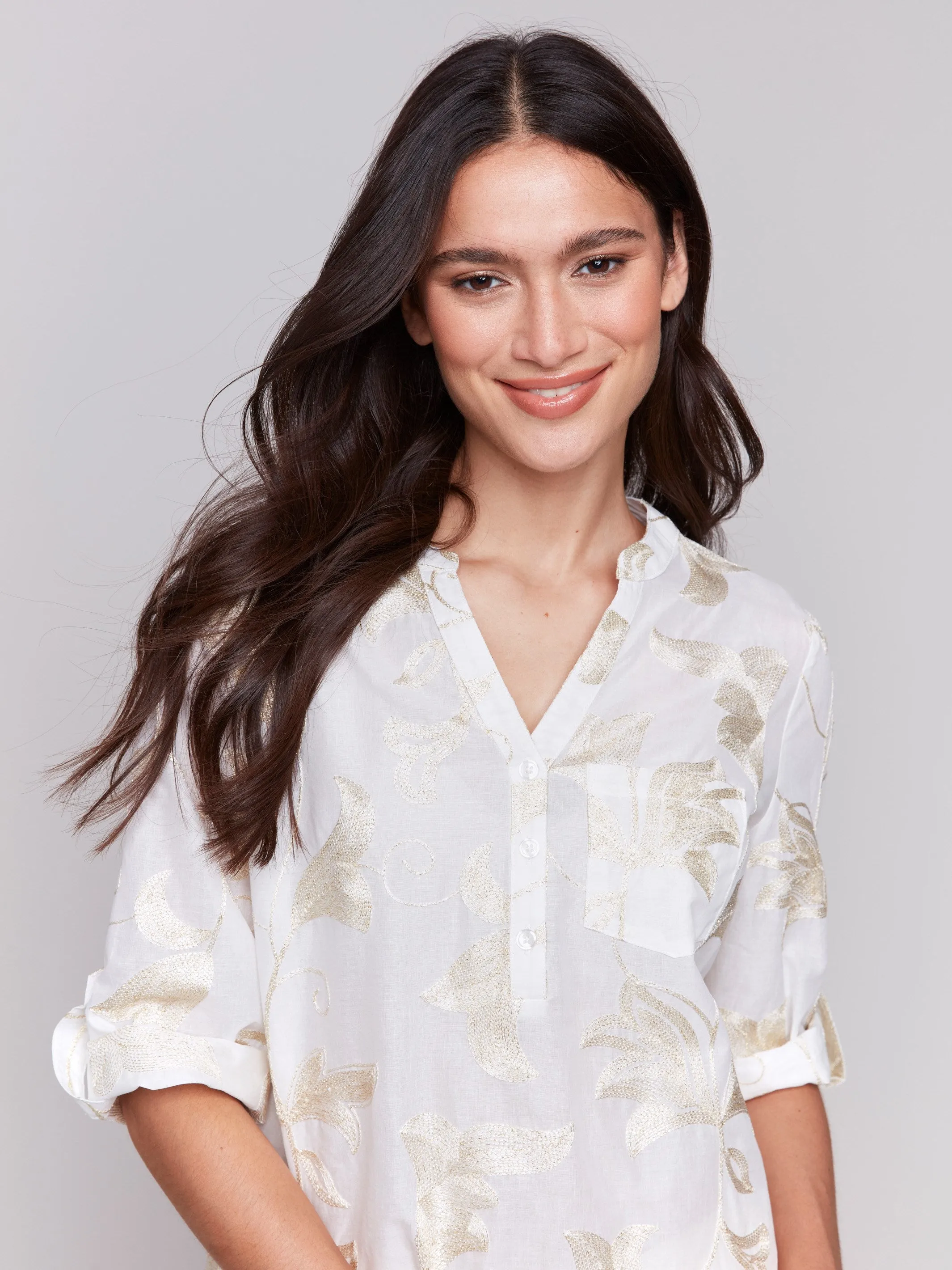Embroidered Cotton Half-Button Blouse - Gold