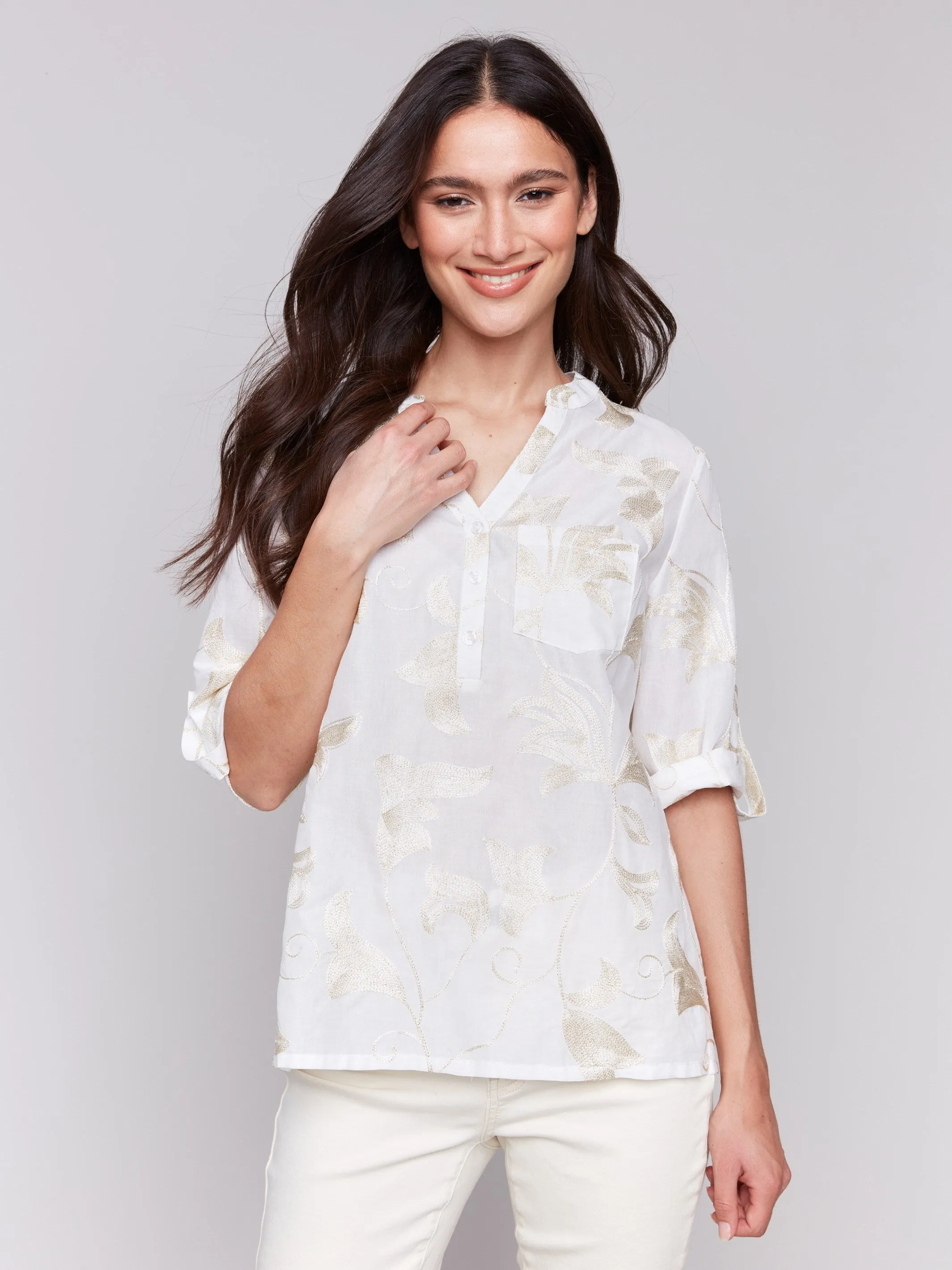 Embroidered Cotton Half-Button Blouse - Gold